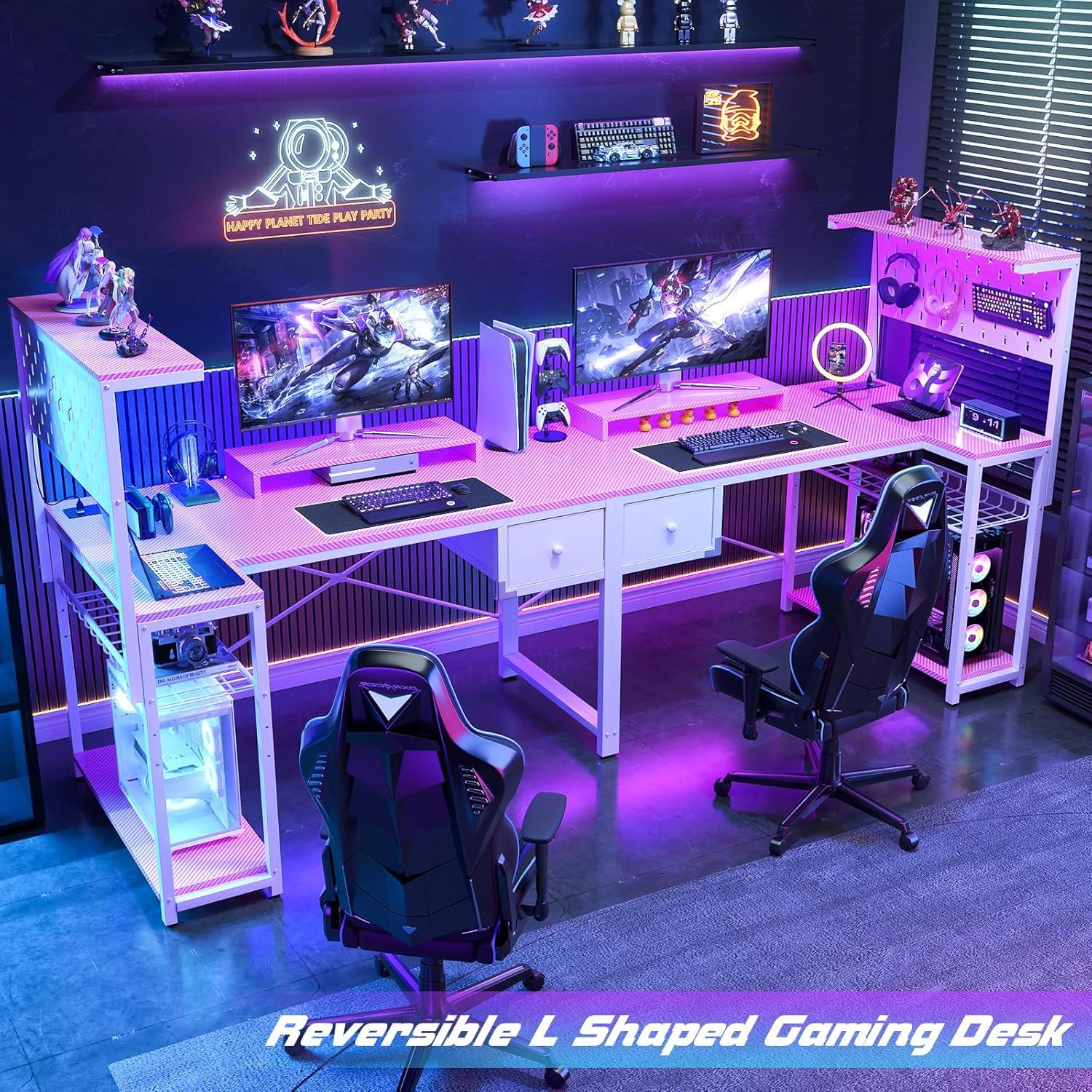 Pink L-Shaped Gaming Desk with Drawer and Power Outlet