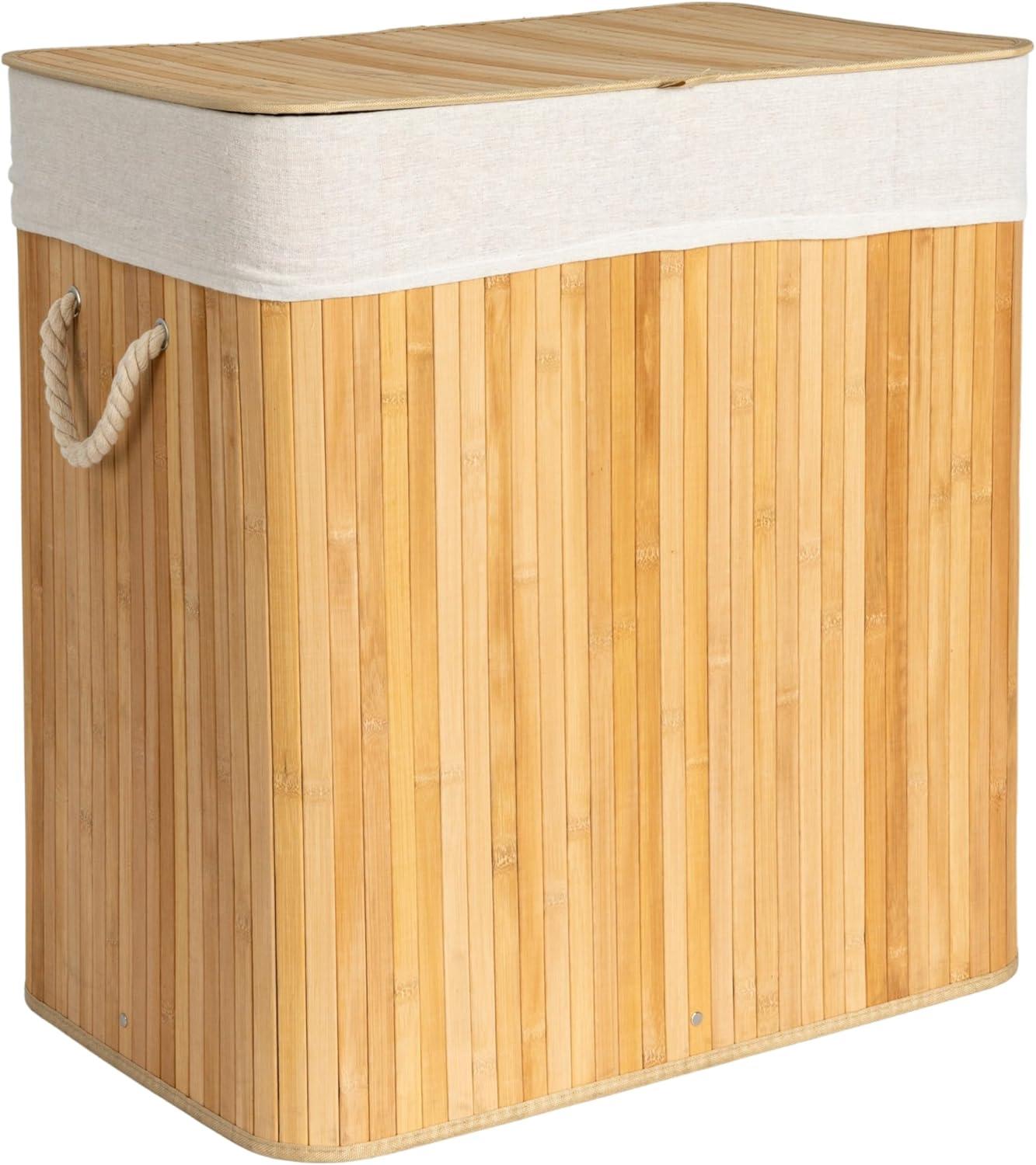 Bamboo Laundry Hamper with Rope Handles, Lid and Removable Machine Washable Laundry Bag