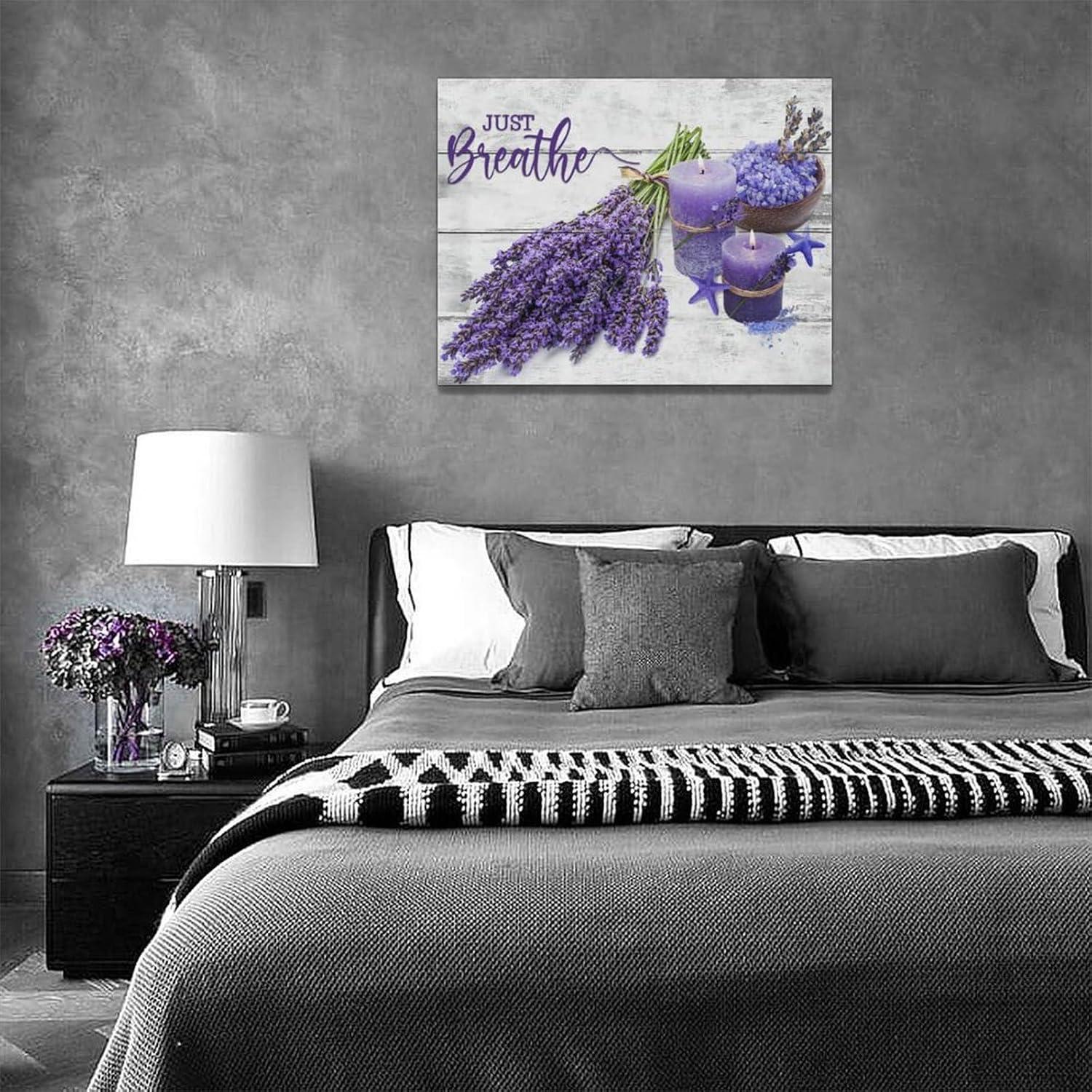Bathroom Wall Art Lavender Pictures Purple Bathroom Decor Flower Canvas Print Wall Decor Farmhouse Bathroom Decor Wall Art Purple Candles and Lavender Painting Framed Modern Home Artwork Large 16"x12"