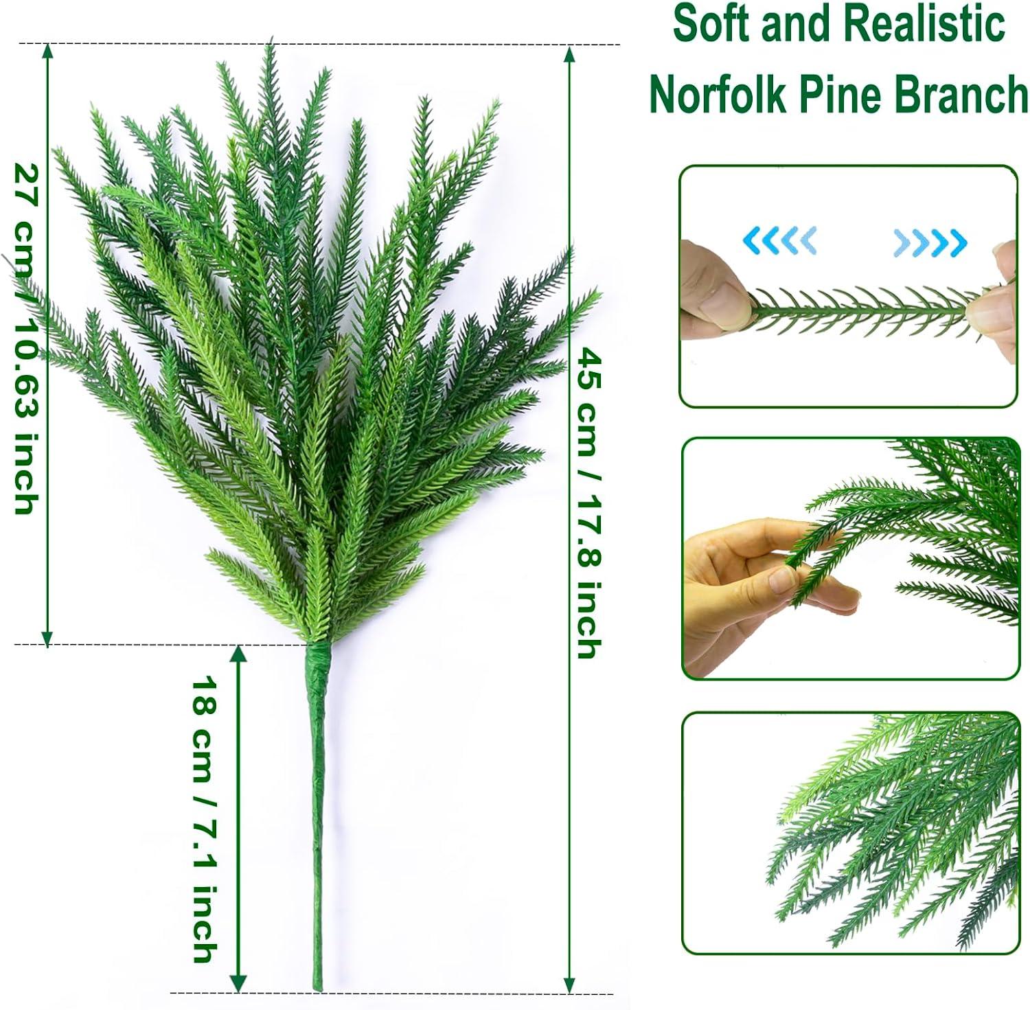 12 Pcs Christmas Norfolk Pine Branches- 18" Extra Length Artificial Xmas Branches Plants Pine Needles- Fake Greenery Norfolk Pine Stems Sprigs for DIY Craft Garland Home Garden Decor