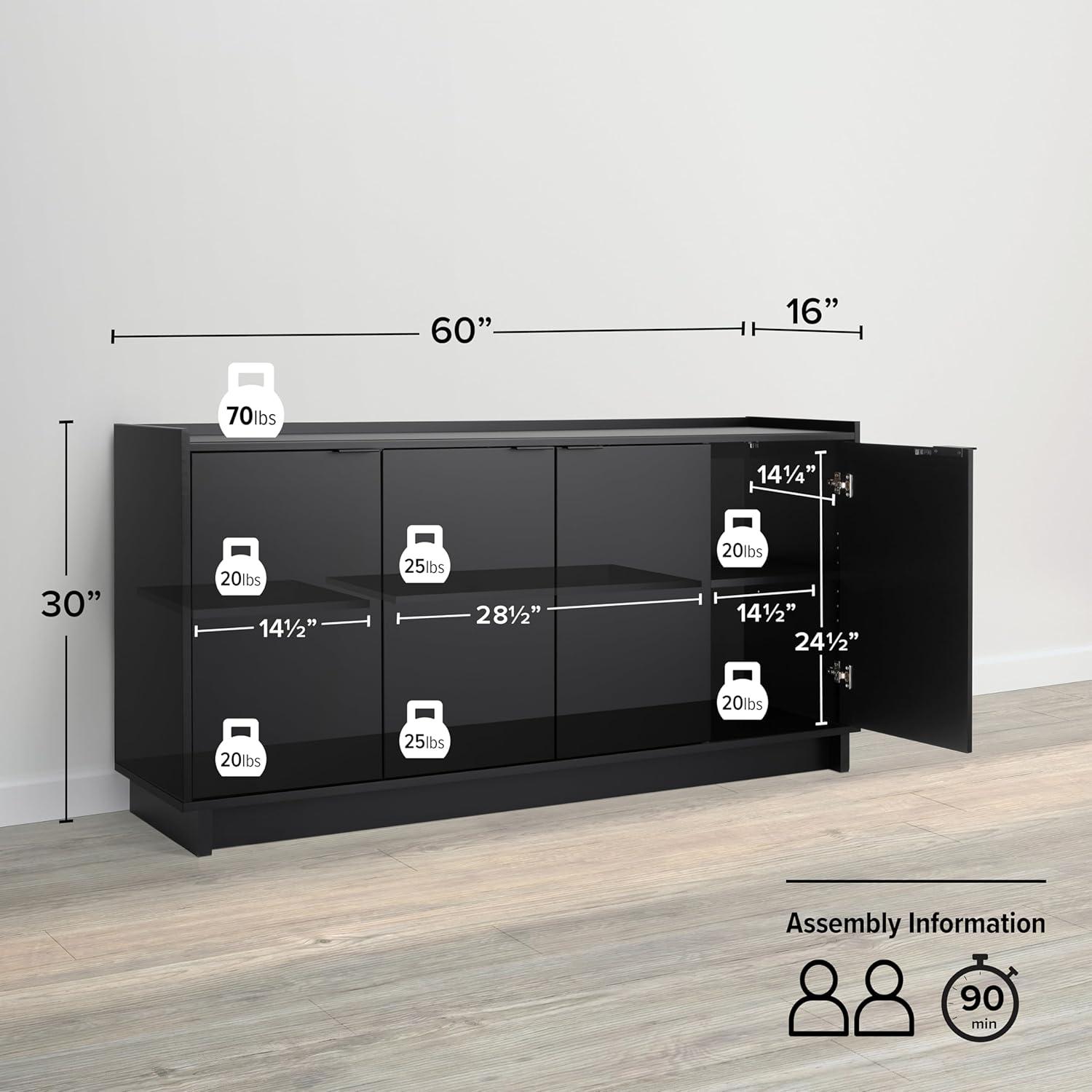 Prepac Simply Modern 4 Door Sideboard Console Table Cabinet