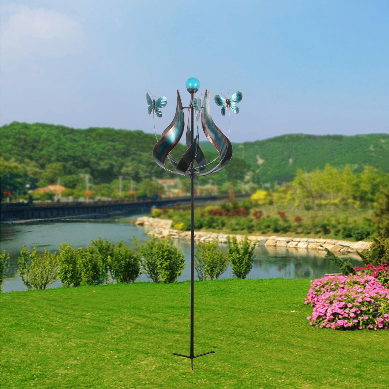 Teamson Home Outdoor Solar Tulip and Butterfly Kinetic Windmill Sculpture with LED Light, Teal