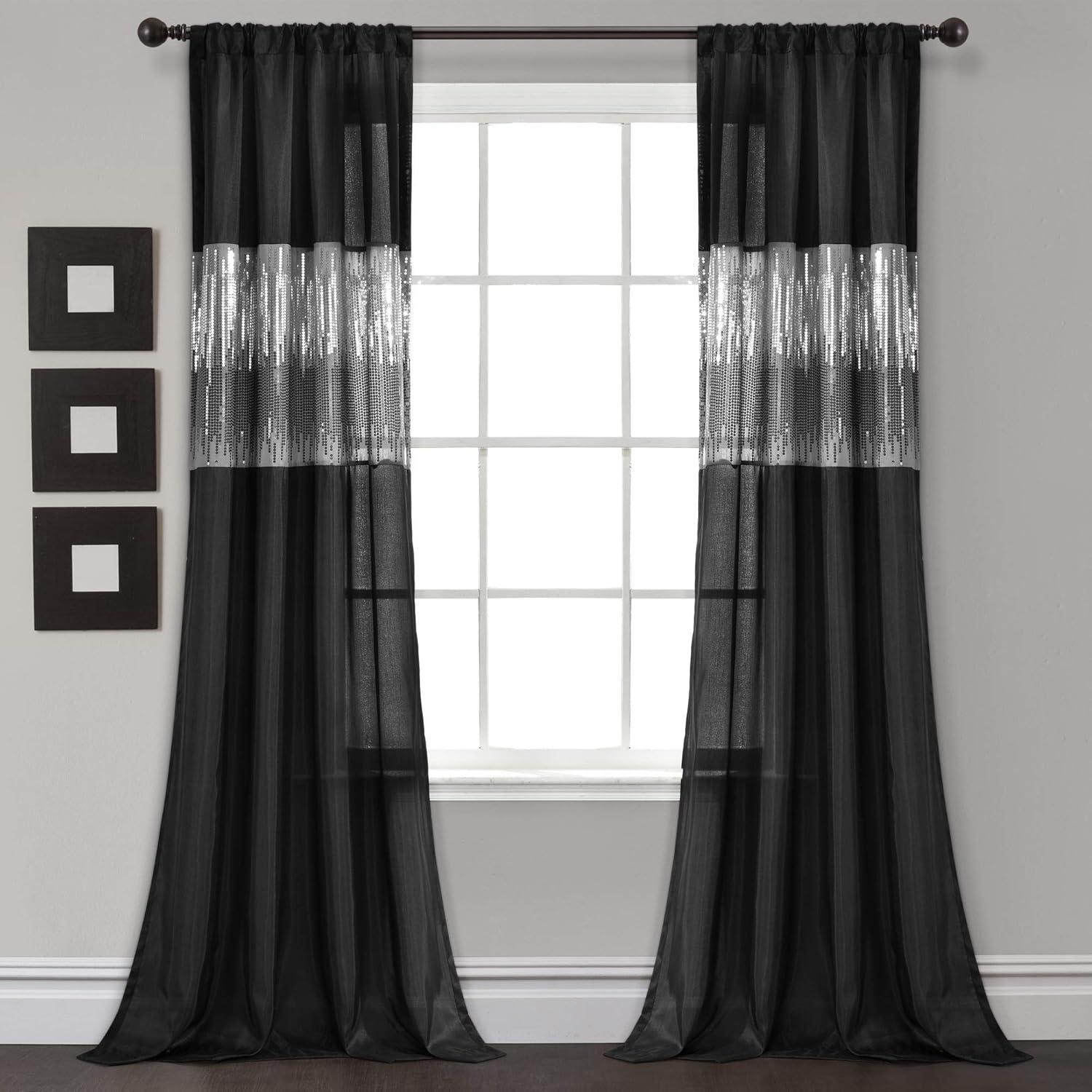 Black Faux Silk Light-Filtering Sequin Curtain Panel