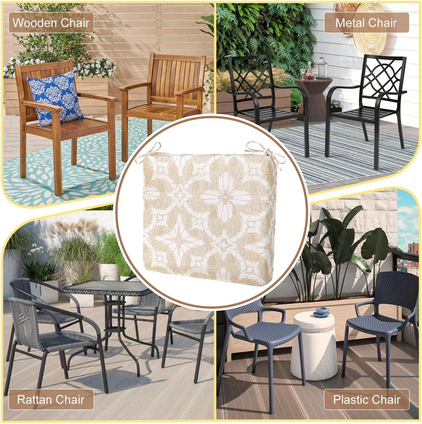 LOVTEX Outdoor Chair Cushions Set of 4, Waterproof Patio Chair Cushions with Ties, 18.5 x 16 x 3 inch, Khaki