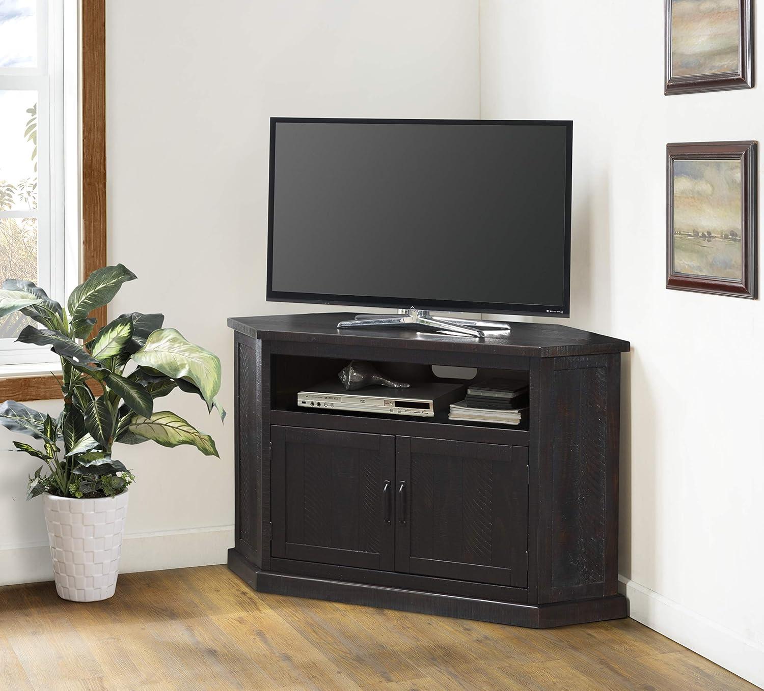 Espresso Rustic Solid Pine Corner TV Stand with Cabinet