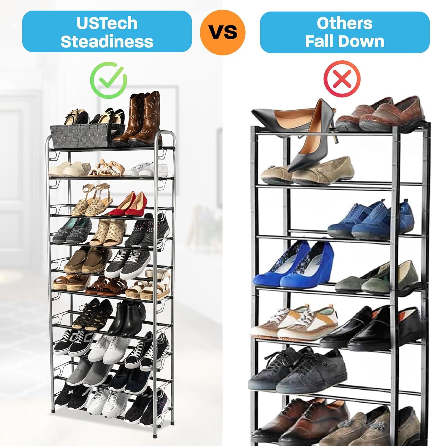 Tall Silver and Black Metal 10-Tier Shoe Rack