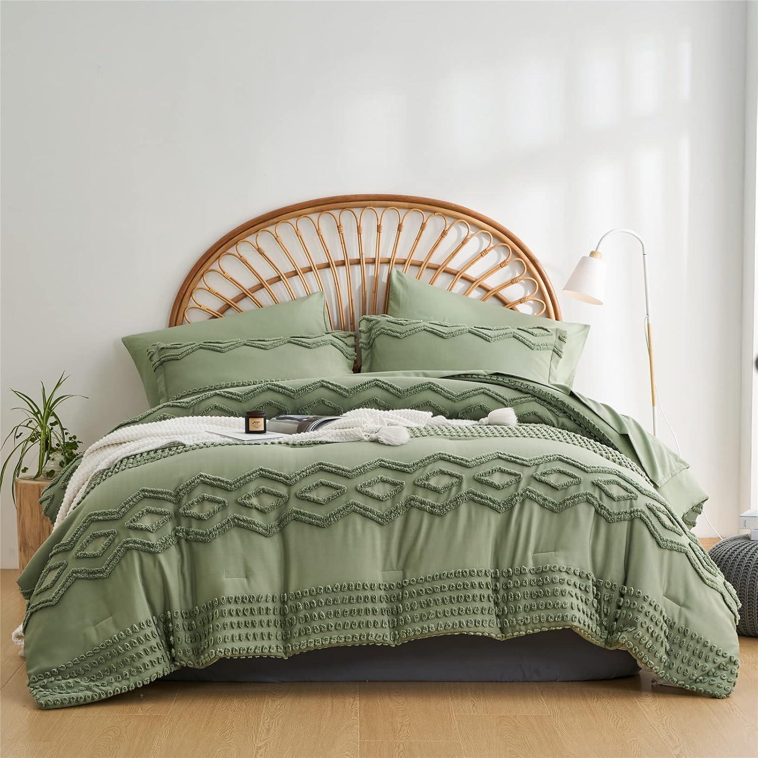 Sage Green Microfiber King Boho Comforter Set with Pom-Pom Accents