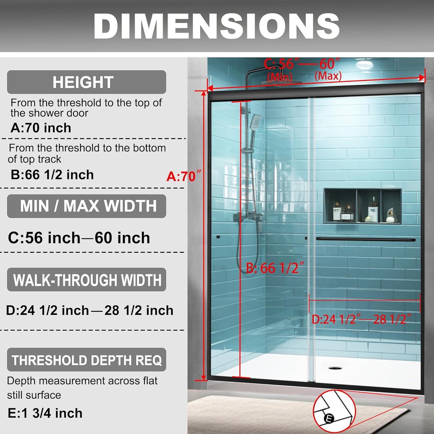 60" Matte Black Semi-Frameless Sliding Shower Door with Clear Glass