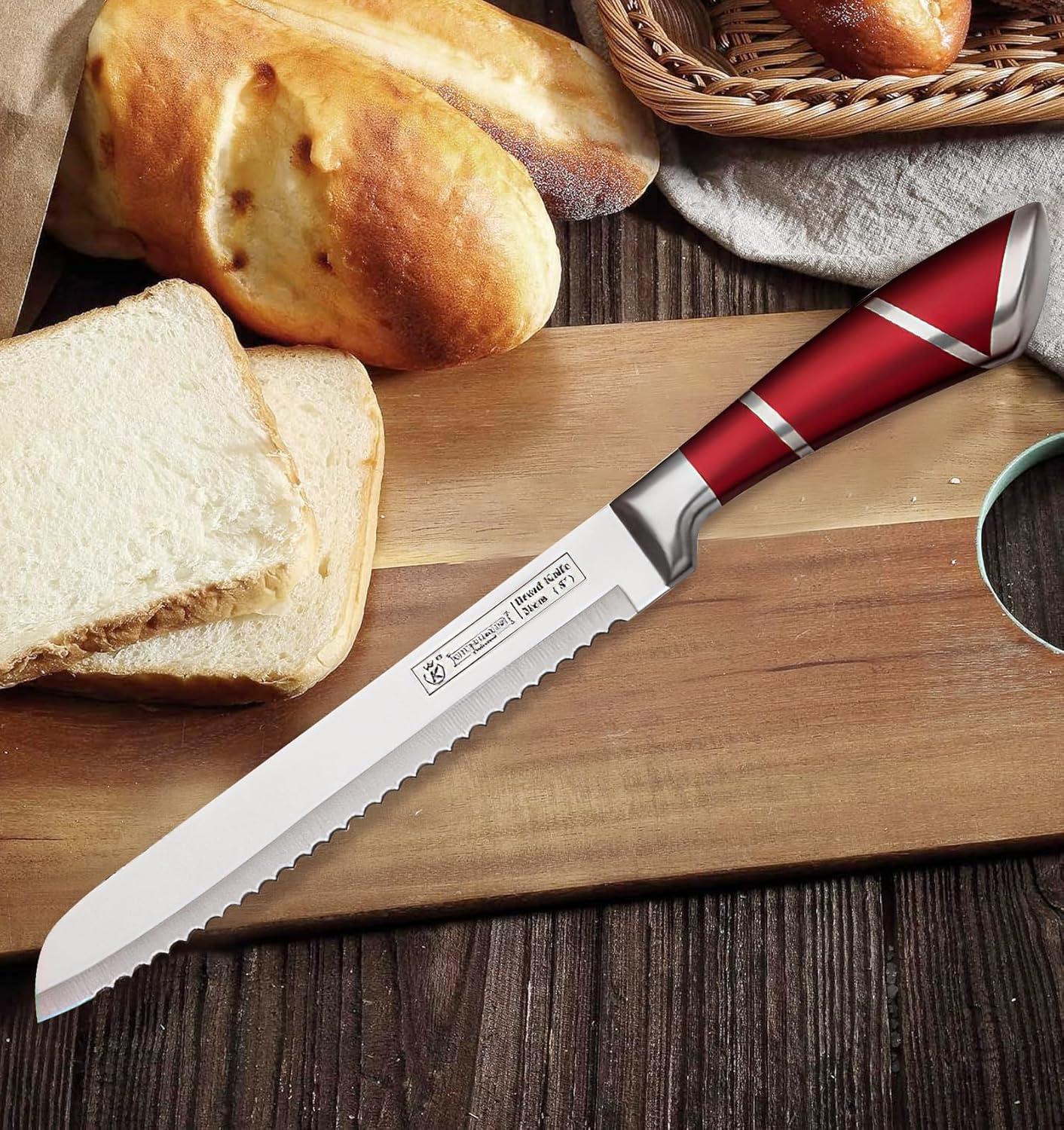 Kitchen Knife Set, 9-Pieces Red Coated Knife Block Set, Stainless Steel Chef knife Set with Sharpener Peeler Scissors, Sharp Non-Stick Knives Set with Rotatable Holder for Cutting Slicing Dicing