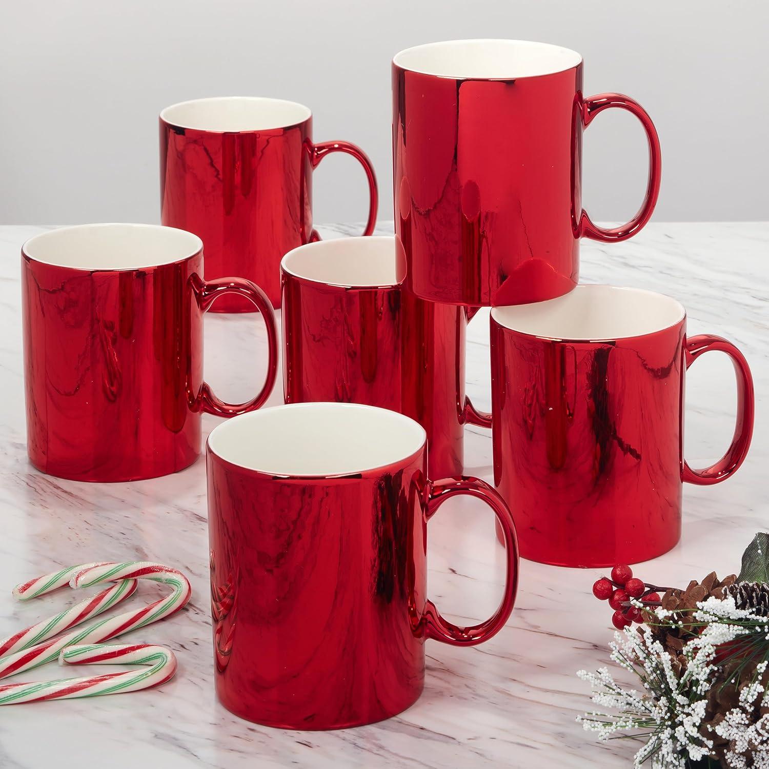 Holiday Red Ceramic Christmas Mugs, Set of 6, 16 oz