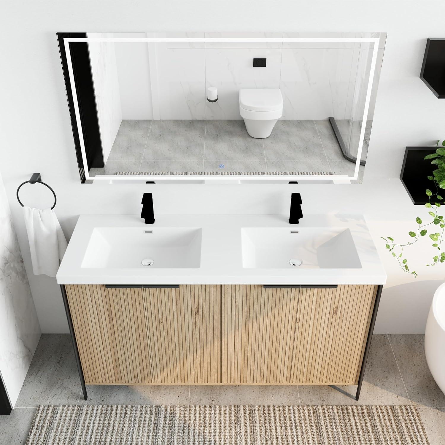 SSLine 60" Bathroom Vanity with Double Sink Mid-Century Modern Bathroom Sink Cabinet Freestanding Bathroom Vanities with Double White Top Basin and Adjustable Storage Shelves, Natural Brown Stripe
