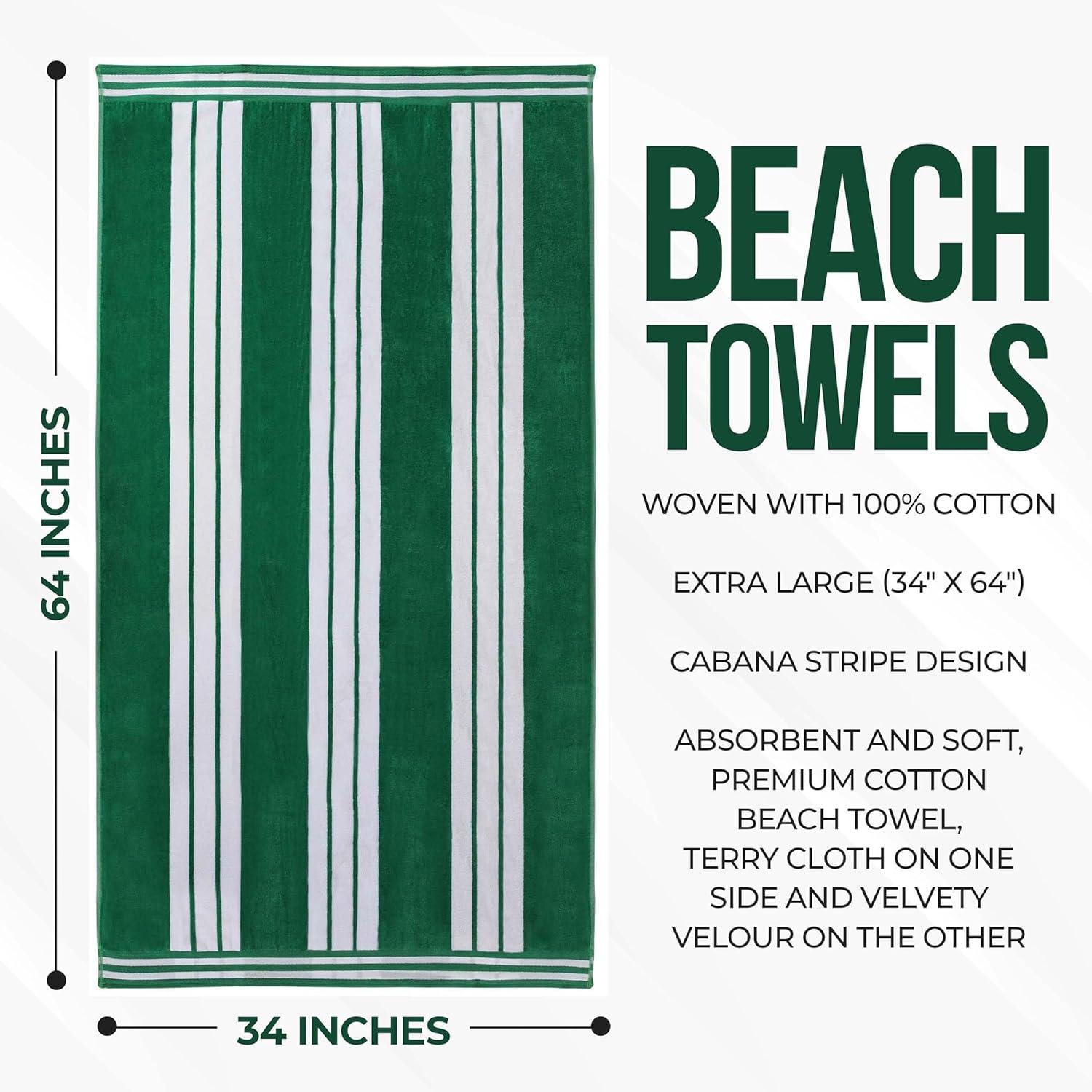 Superior Cotton Striped Oversized Beach Towel, 34" x 64", Dark Green