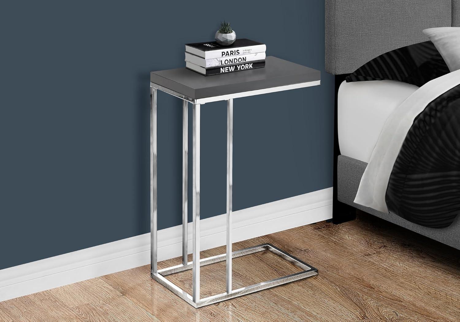 Mickael Accent Table C-shaped, End, Side, Snack, Living Room, Bedroom, Metal, Laminate, Glossy Grey, Chrome