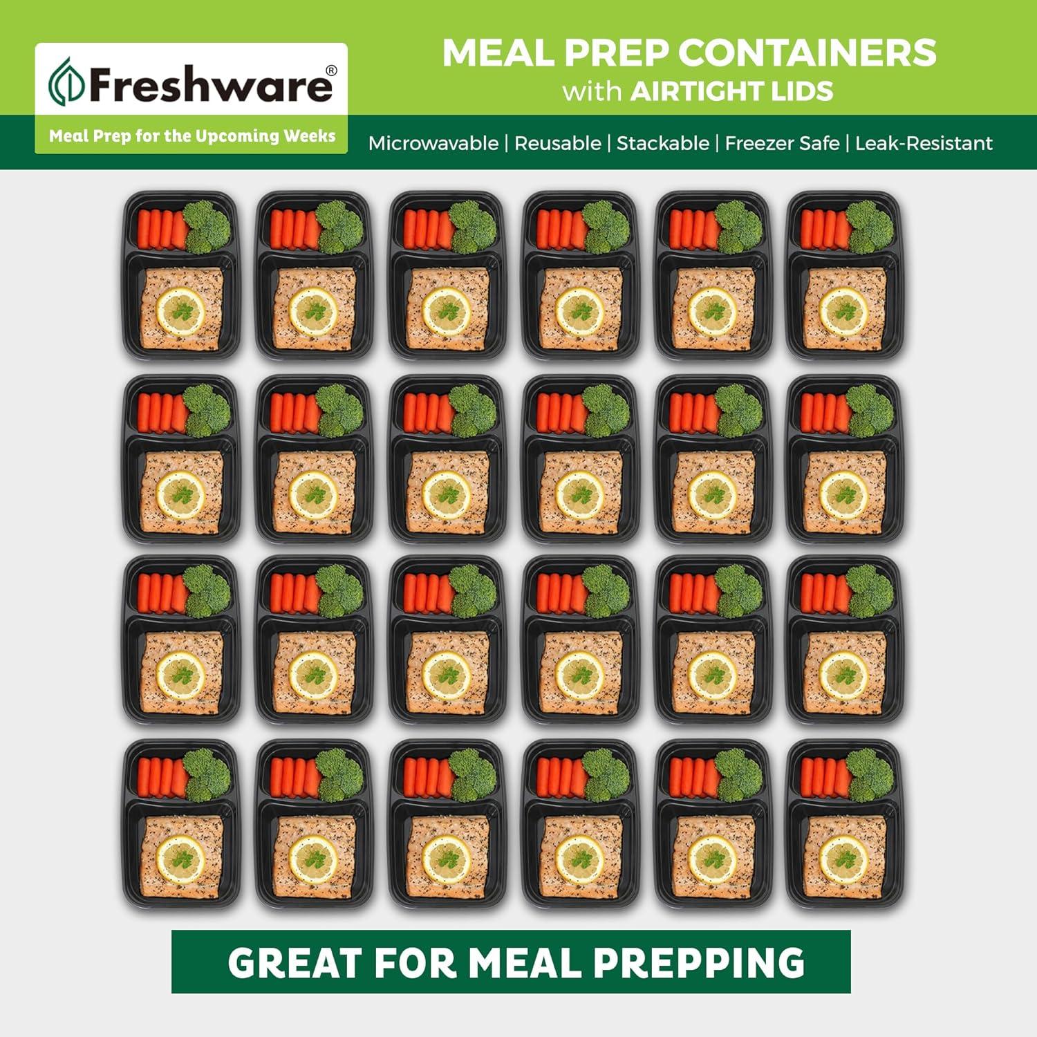 Freshware Meal Prep Containers [50 Pack] 2 Compartment with Lids, Food Storage Containers, Bento Box, BPA Free, Stackable, Microwave/Dishwasher/Freezer Safe (28 oz) C47