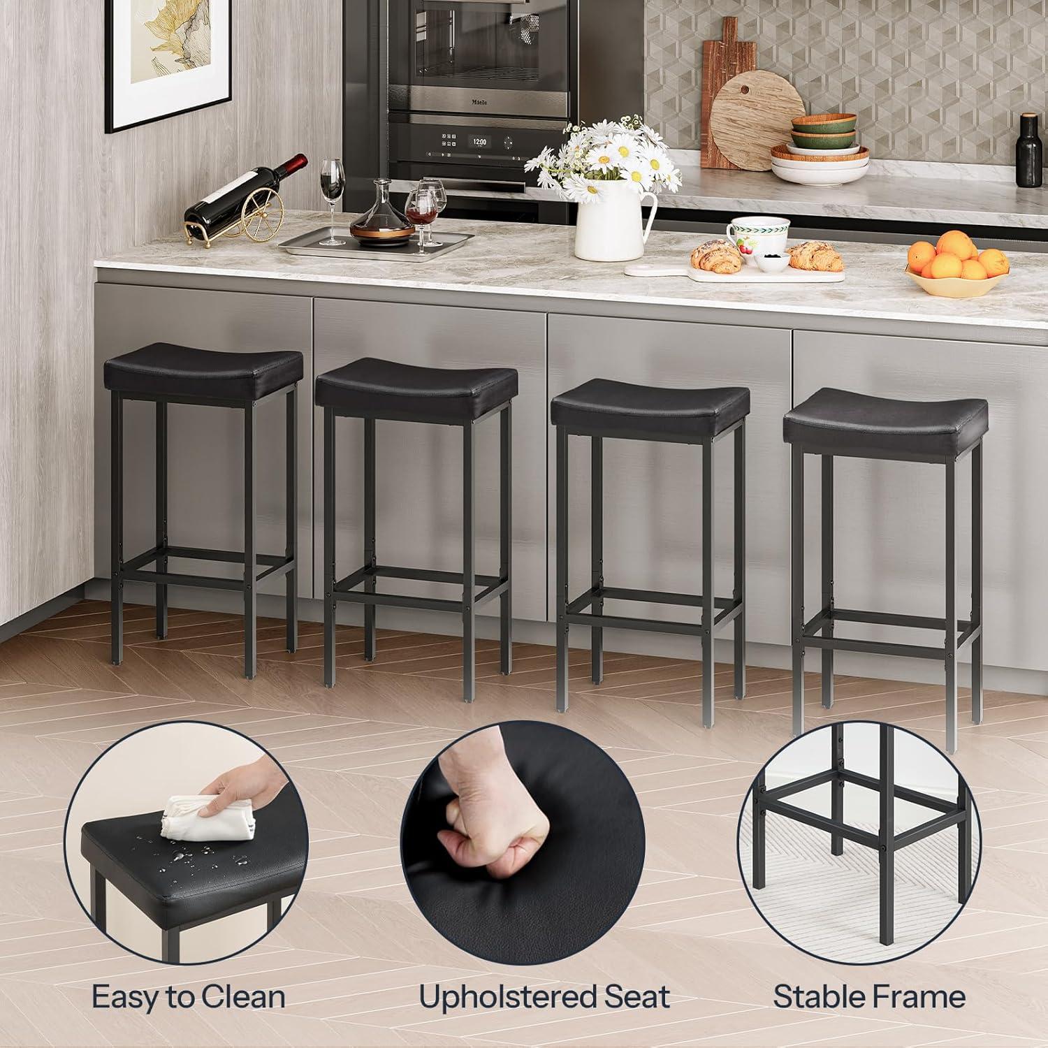 edx Bar Stools Set of 4, Modern Counter Height, 24 Inch Kitchen Barstools with Metal Base, PU Leather Saddle Seats for Kitchen Island, Black