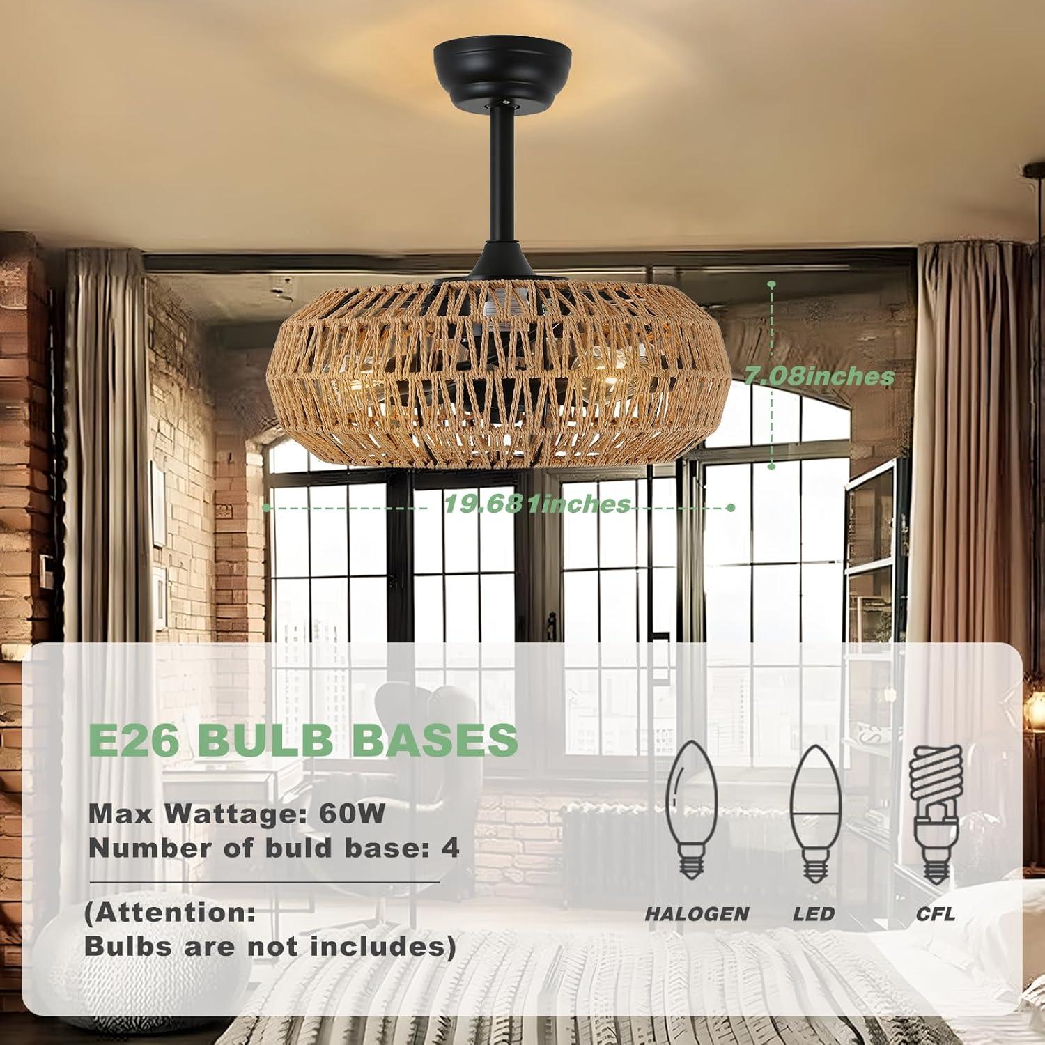 20'' Boho Rattan Caged Ceiling Fan with Light and Remote, Farmhouse Flush Mount Boho Ceiling Fan Light Low Profile Bladeless Ceiling Fan Timing 6 Speeds Reversible, Brown