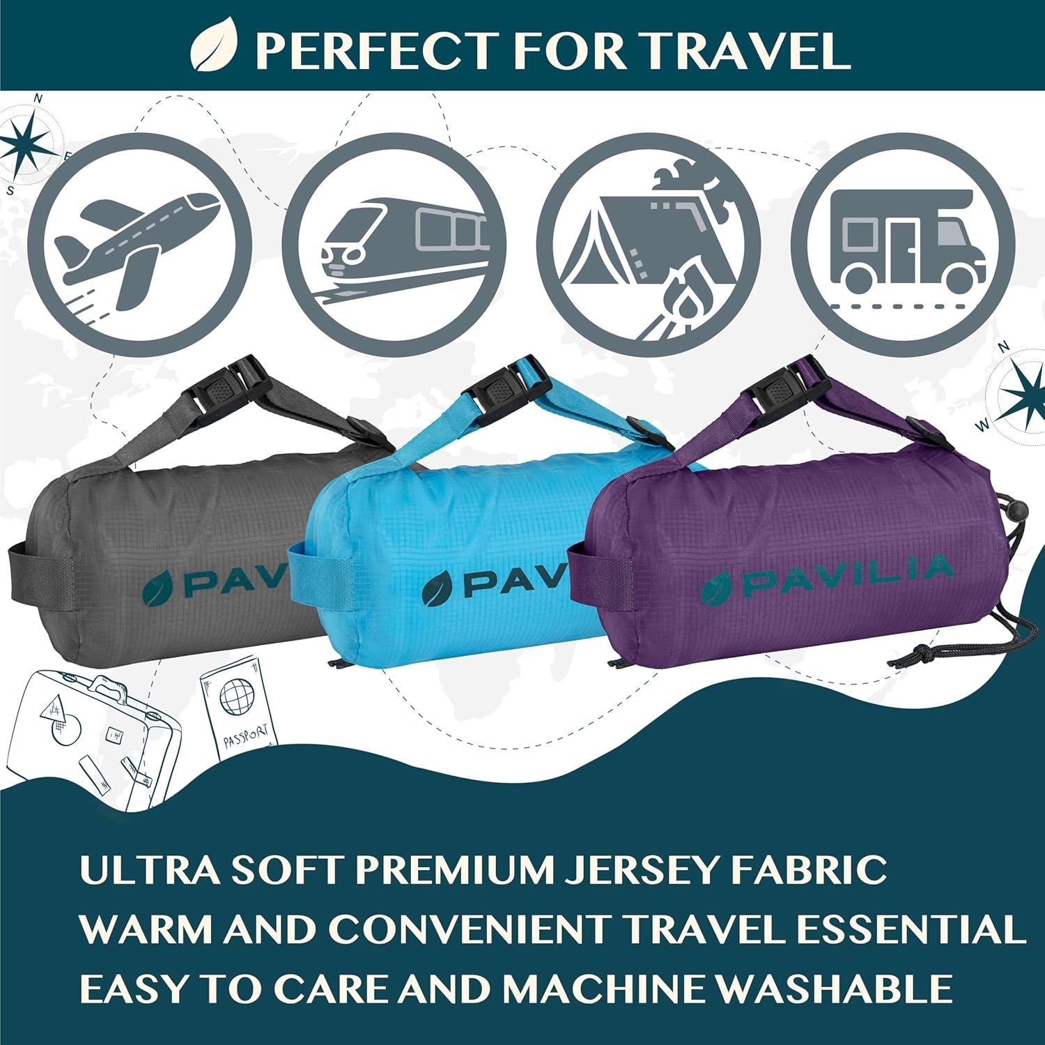 PAVILIA Travel Blanket Airplane Compact with Bag, Soft Packable Plane Throw Portable Camping Flight Essentials, Travelers Gifts Accessories, Purple