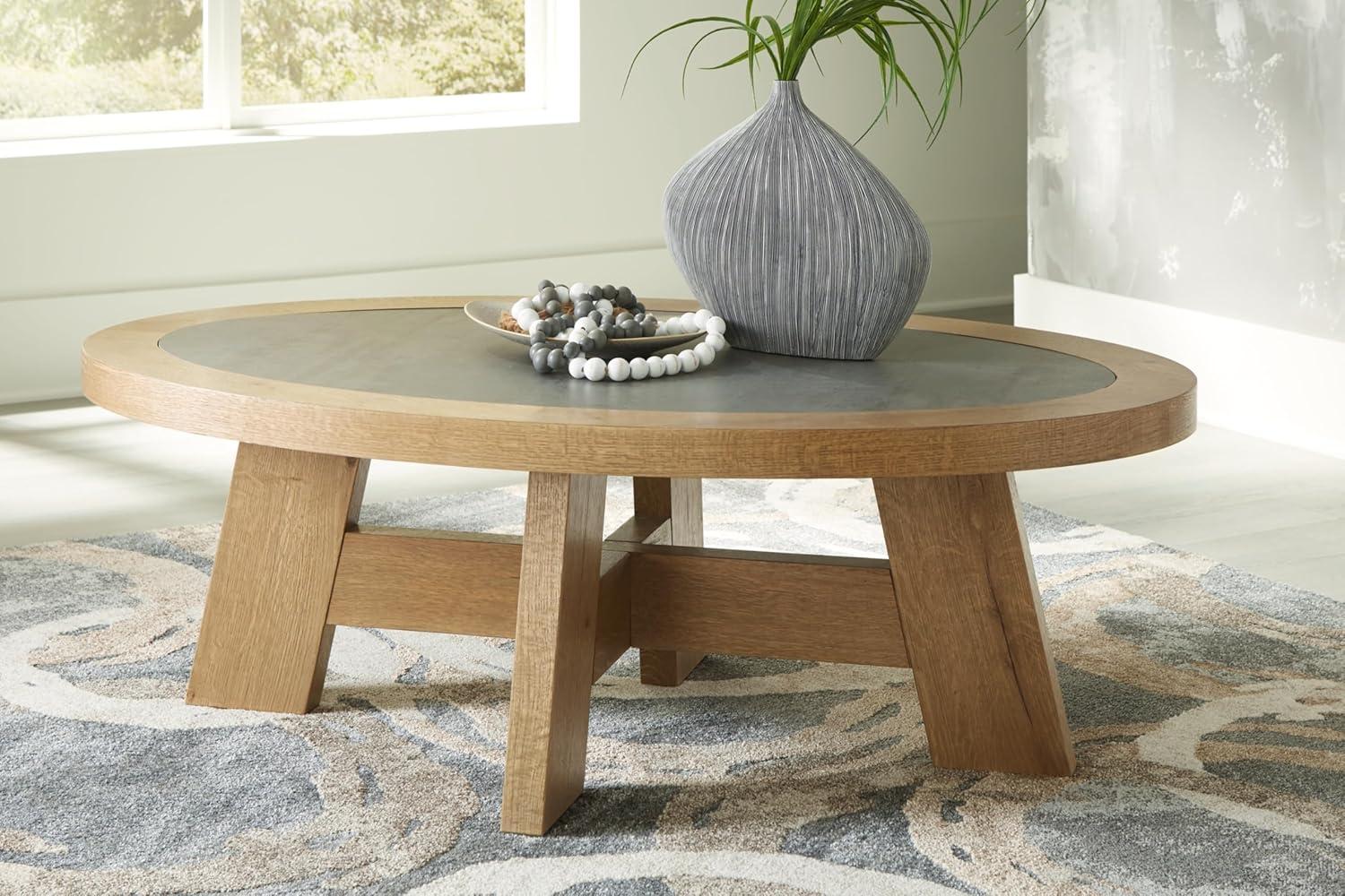 Oval Light Brown Wood Coffee Table with Faux Cement Top