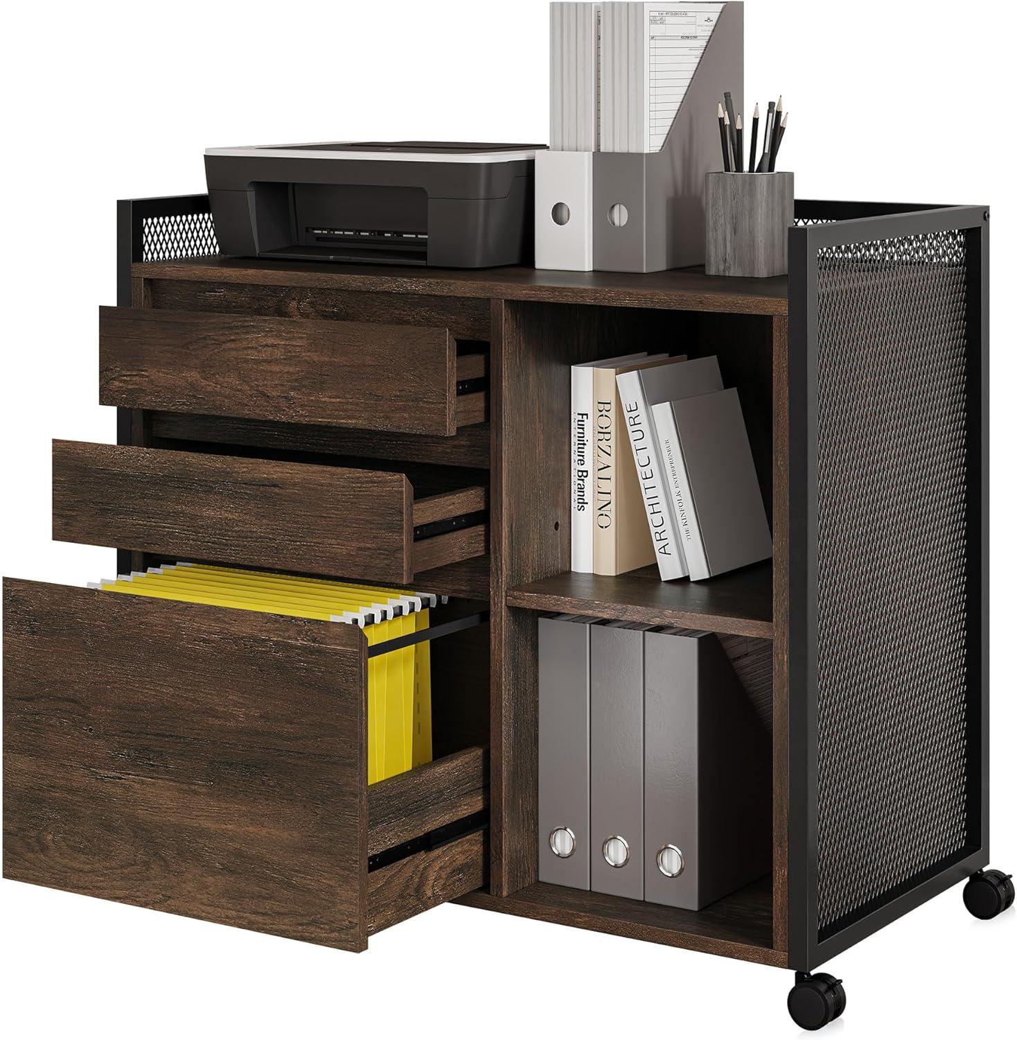 Old Wood Mobile File Cabinet Desk with USB Charging Station