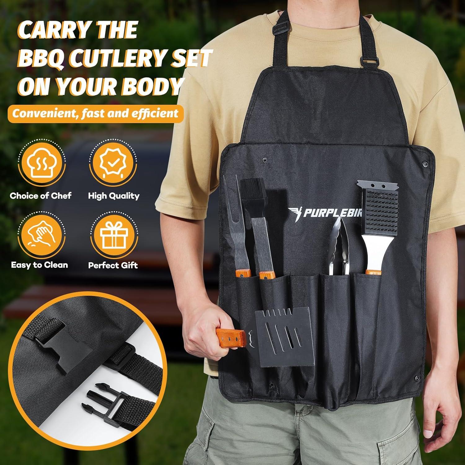 PURPLEBIRD Grill Utensils Set with Brush - 5pcs Grilling Tools Set with Bag Apron, Heavy Duty BBQ Tool Sets with Long Wood Handle, Stainless Grilling Accessories for Outdoor Grill