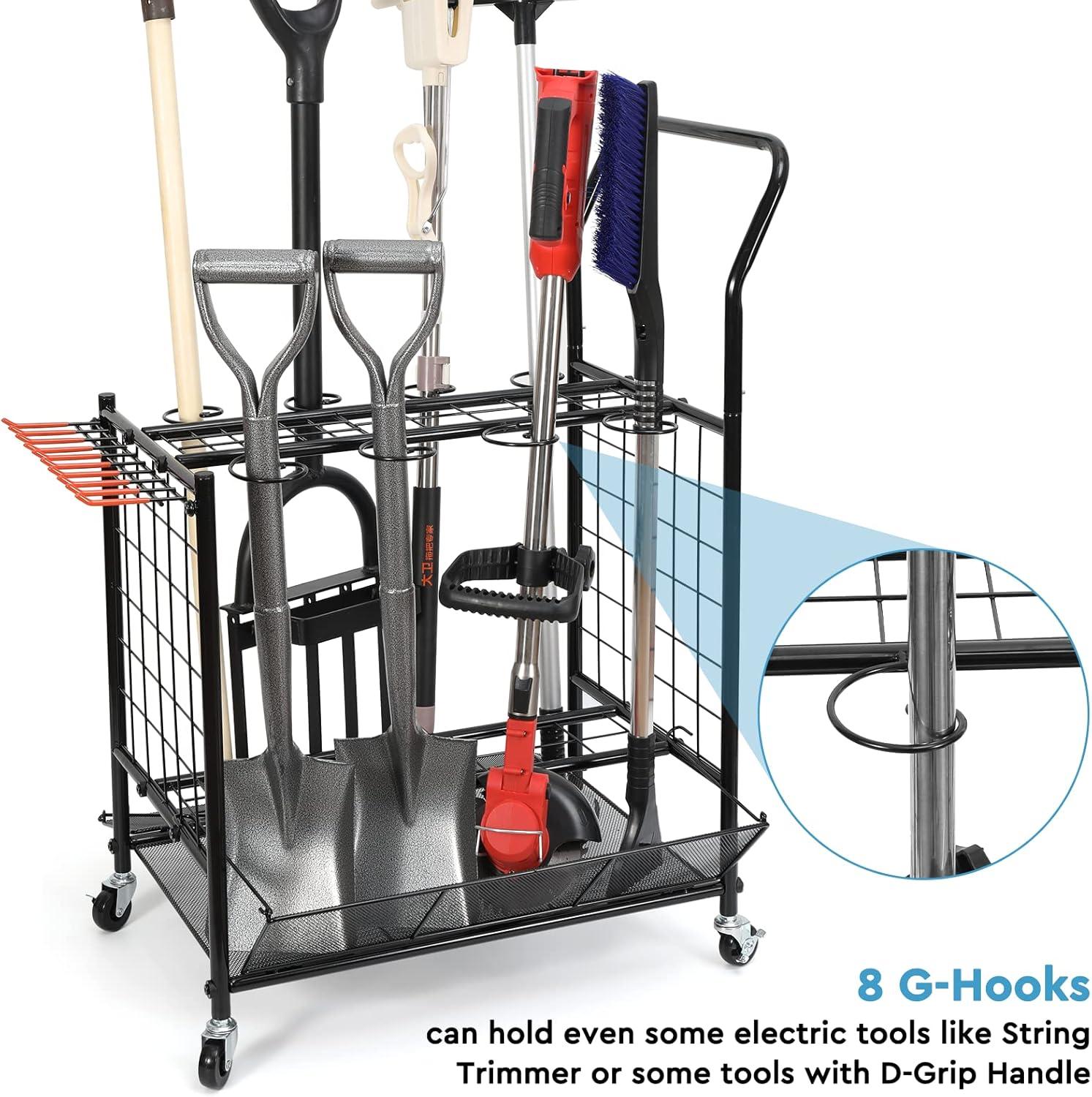 Garden Tool Storage Organizer, Yard Tool Storage for Garage, Shed, Garden Tool Rack Stand on Wheels, Up to 36 Long Handle Tool Storage, Steel, Black (WEY09)