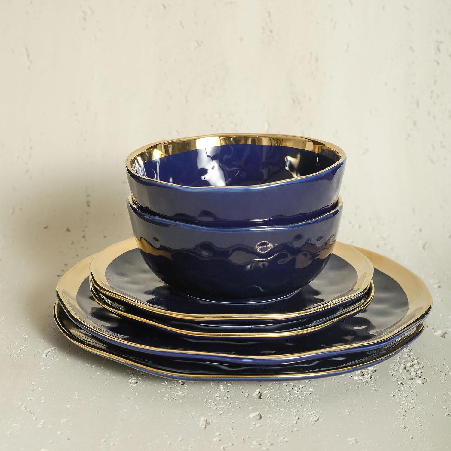 Stone Lain Florian Modern Porcelain Dish Set, 16-Piece Dishes for 4, Gold and Navy