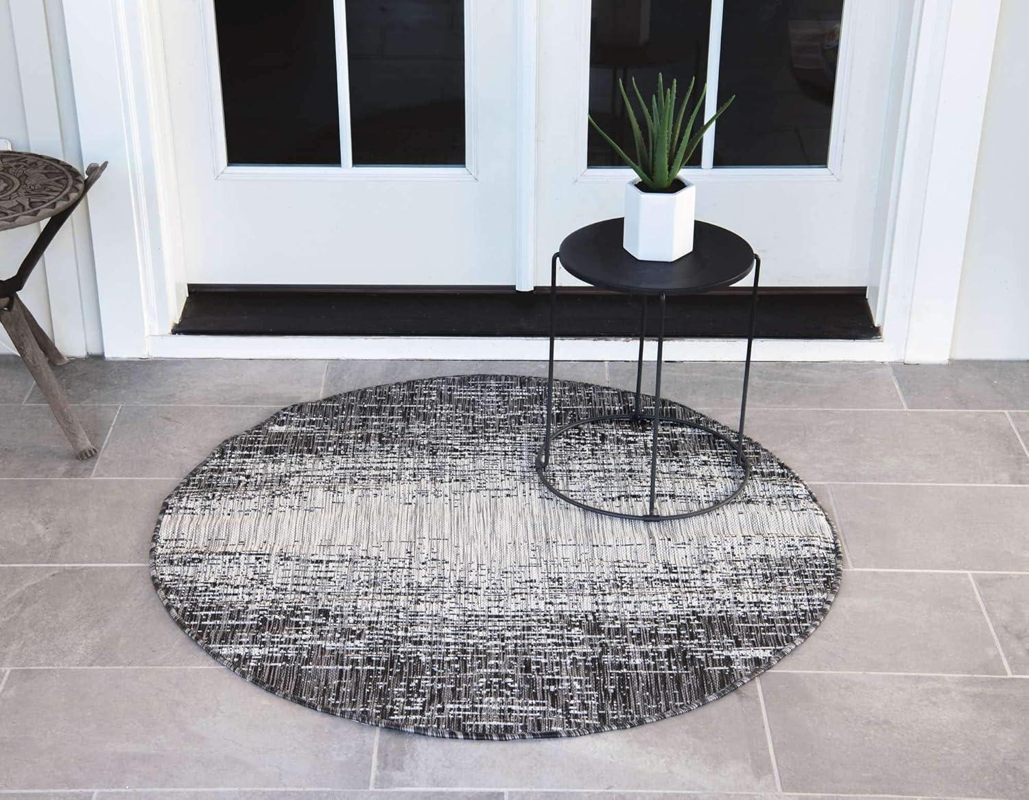 Charcoal Gray Round Abstract Outdoor Area Rug