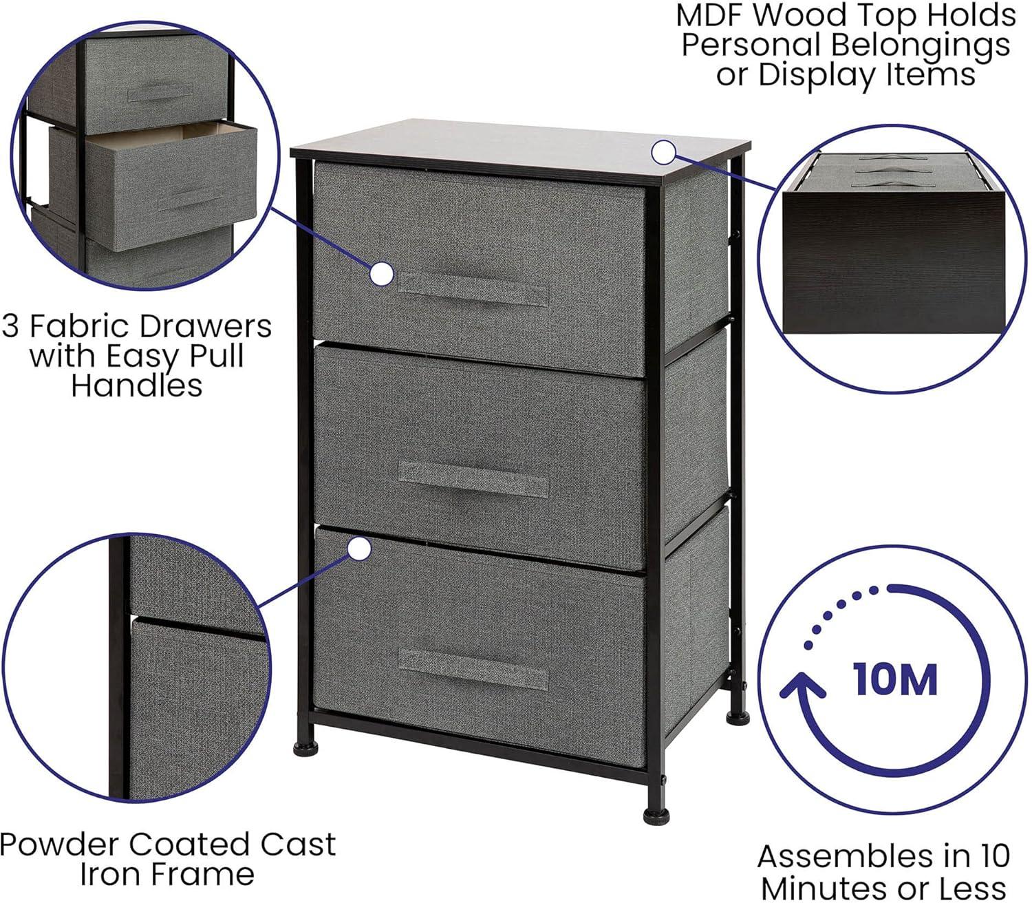 Malone 3 Drawer Vertical Storage Dresser with Wood Top & Fabric Pull Drawers