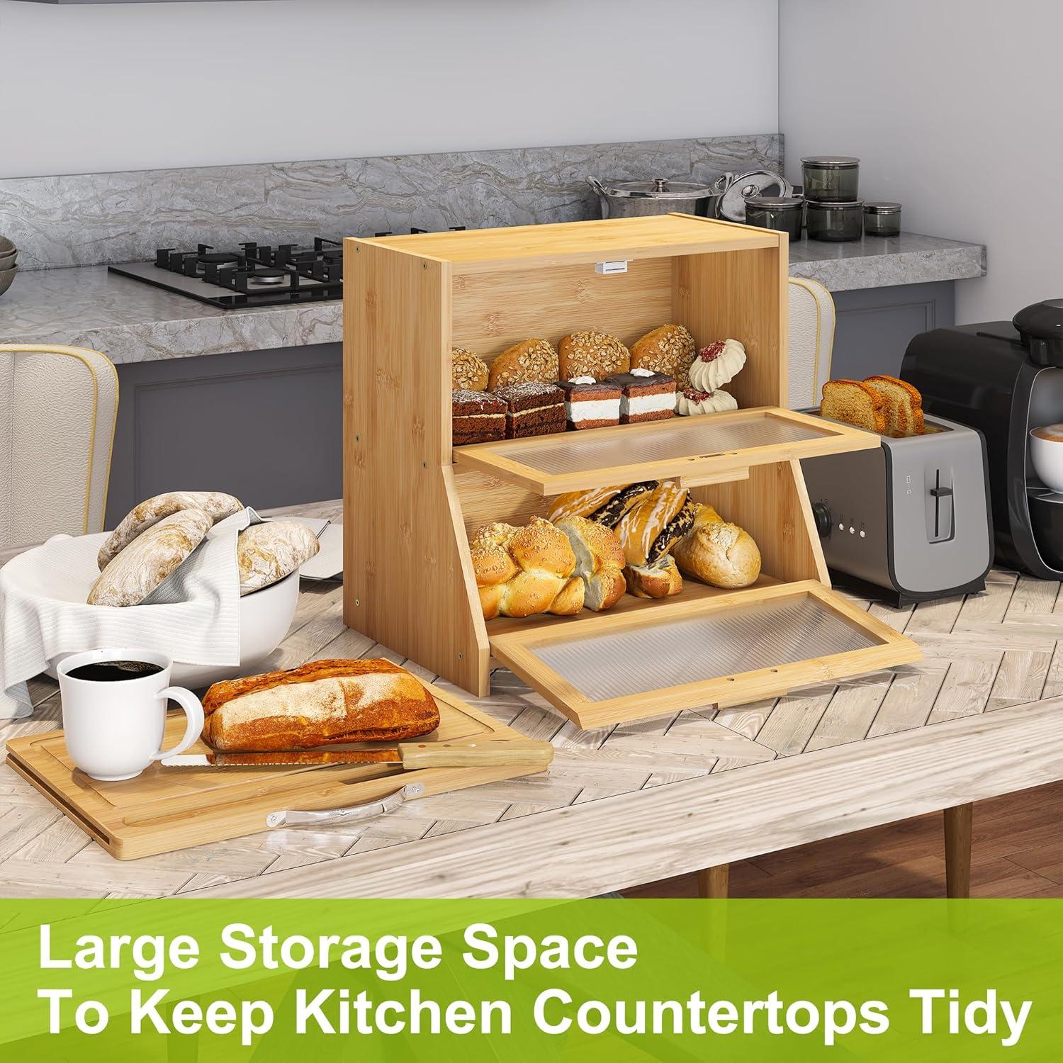 Prep & Savour Large Bread Box For Kitchen Counter, Bamboo Wooden Double Layer Large Capacity Bread Storage Bin With Acrylic Wavy Door Panel (Natural + Cutting Board)