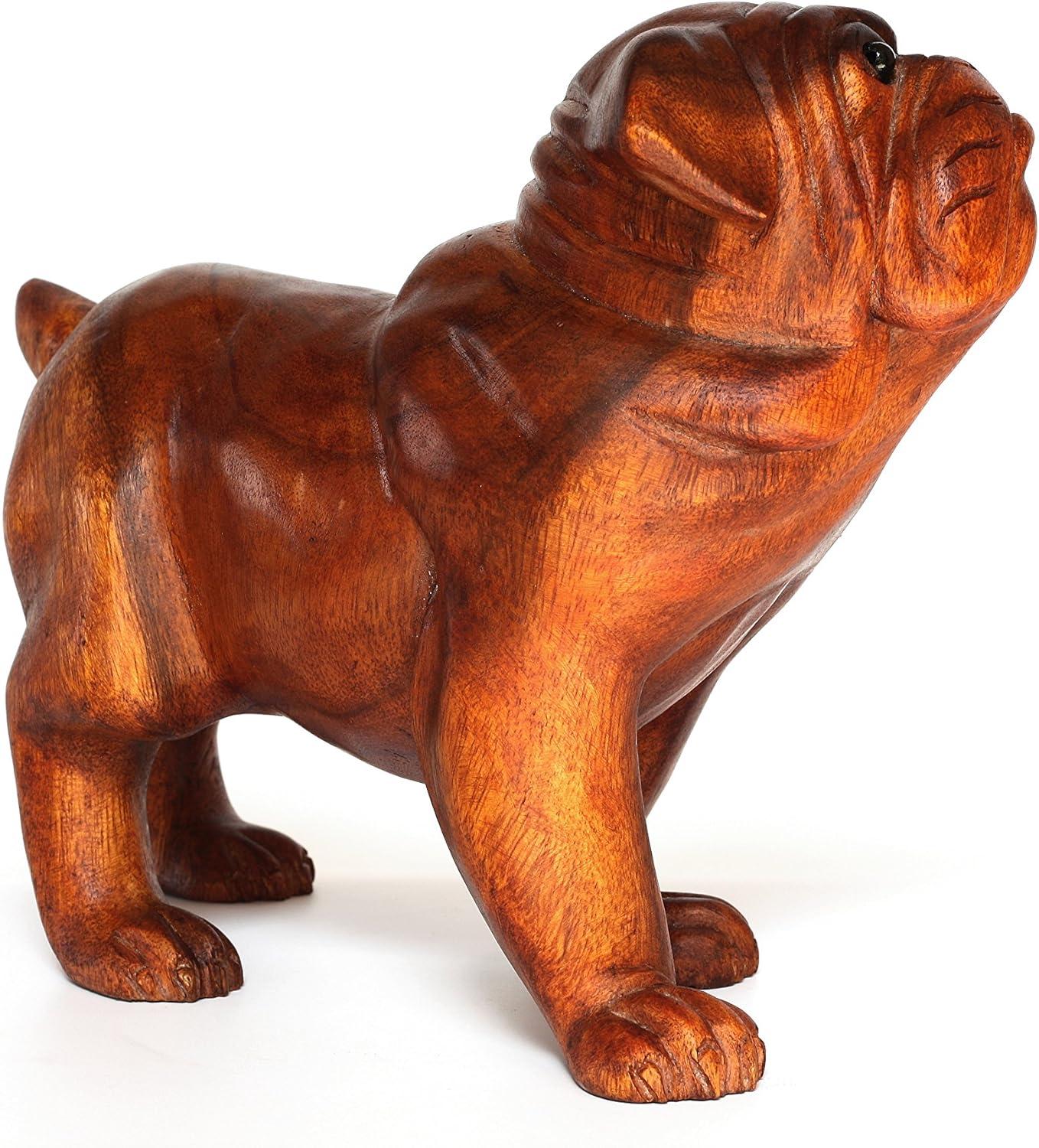 Hand Carved Wooden Bulldog Statue in Rustic Brown Finish