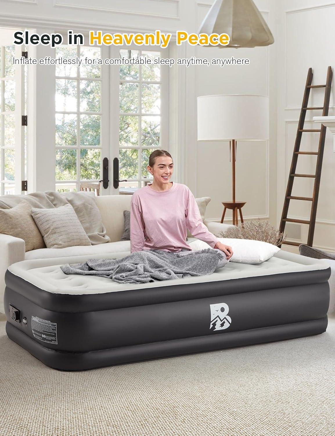 Twin Size Black and White Raised Air Mattress with Built-in Pump