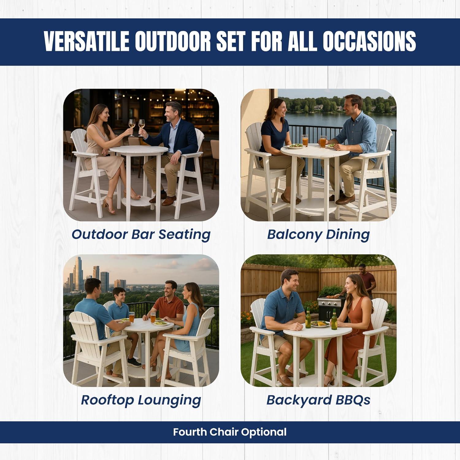 Phat Tommy Outdoor High Top Table and Chairs - Tall Patio Bar Set with 3 Chairs & Round Pub Table - Recycled Poly HDPE Furniture - Waterproof, Fade-Resistant - Made in USA - Multiple Colors