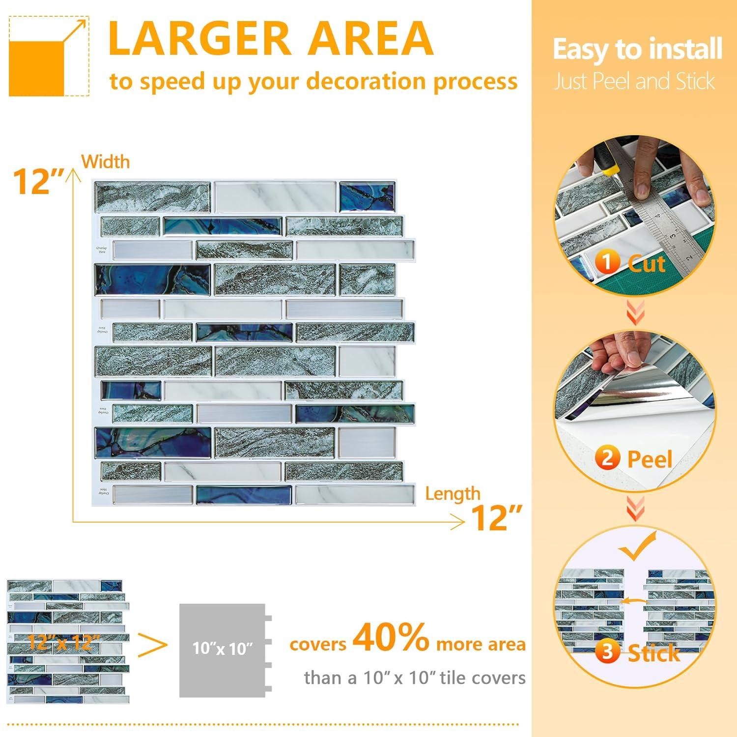 STICKGOO 10-Sheet Marble Look Peel and Stick Wall Tile, 12"x12" Premium Self Adhesive Tiles Kitchen Stick on Backsplash,Gray & Blue