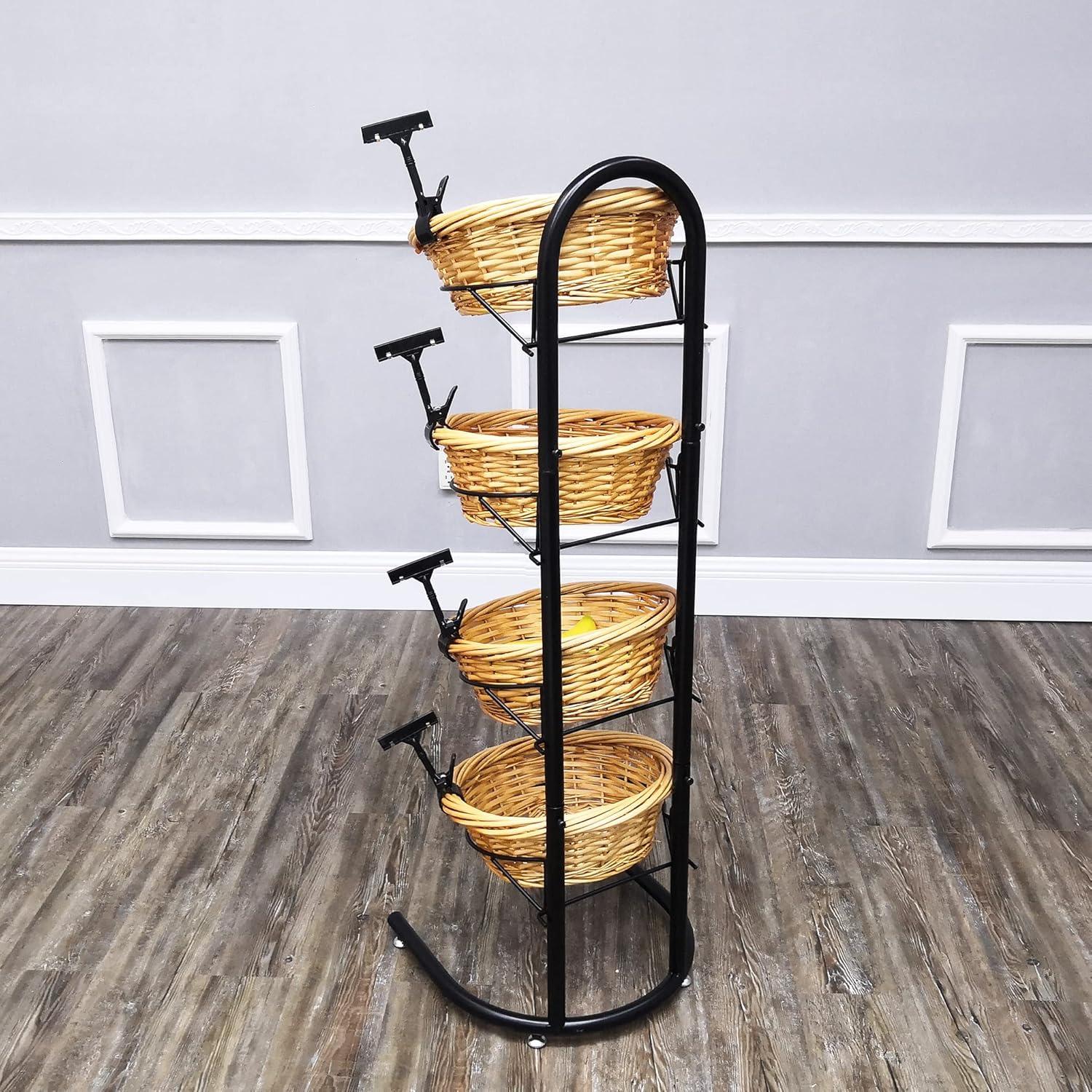 FixtureDisplays 4 Tier Basket Stand, Sign Clips, Wicker Grocery Store Rack Display, Market Basket Rack Kitchen