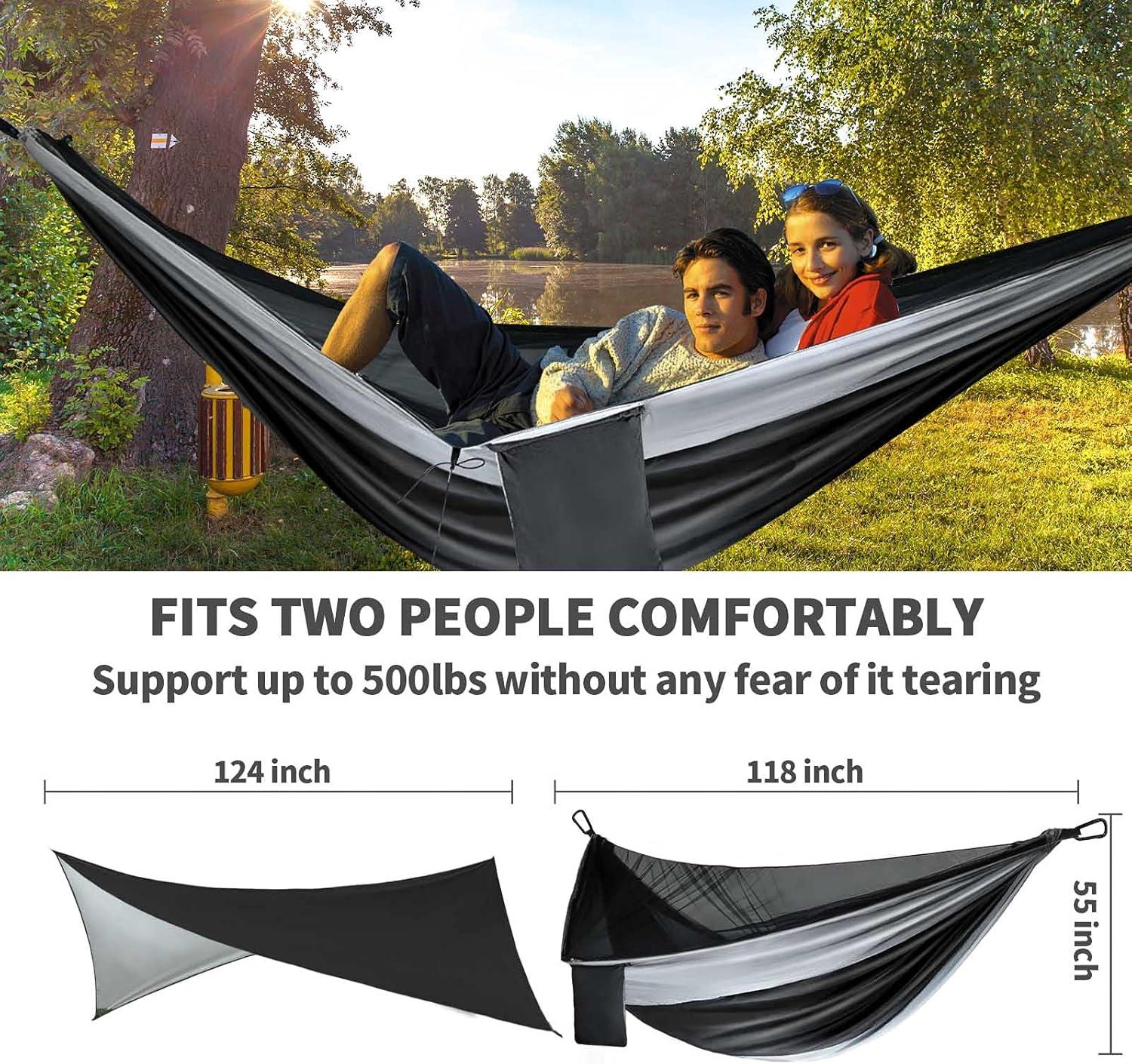 Black and Gray Nylon Parachute Camping Hammock with Mosquito Net and Rain Fly Tarp