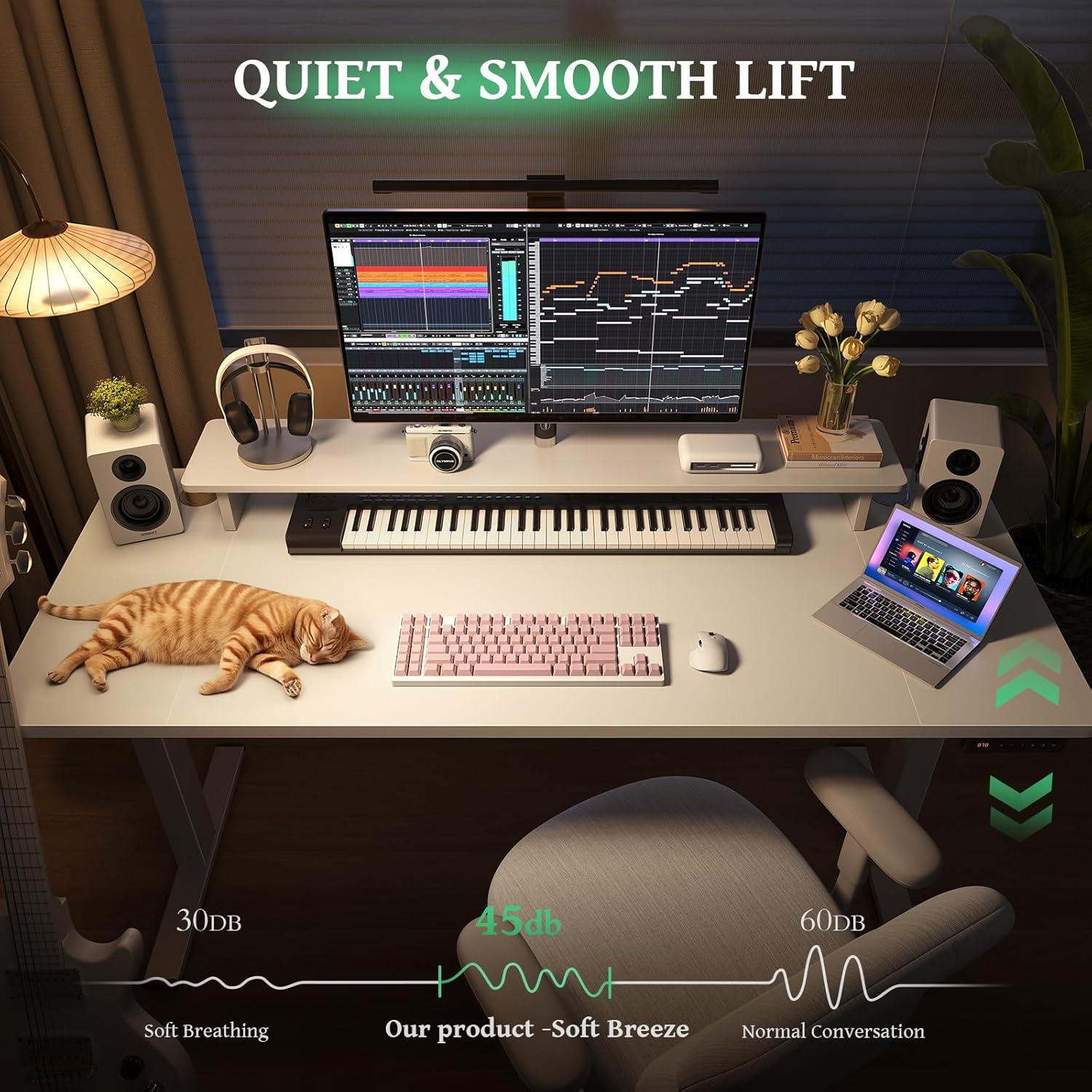 White Adjustable Height Standing Computer Desk with Headphone Hook