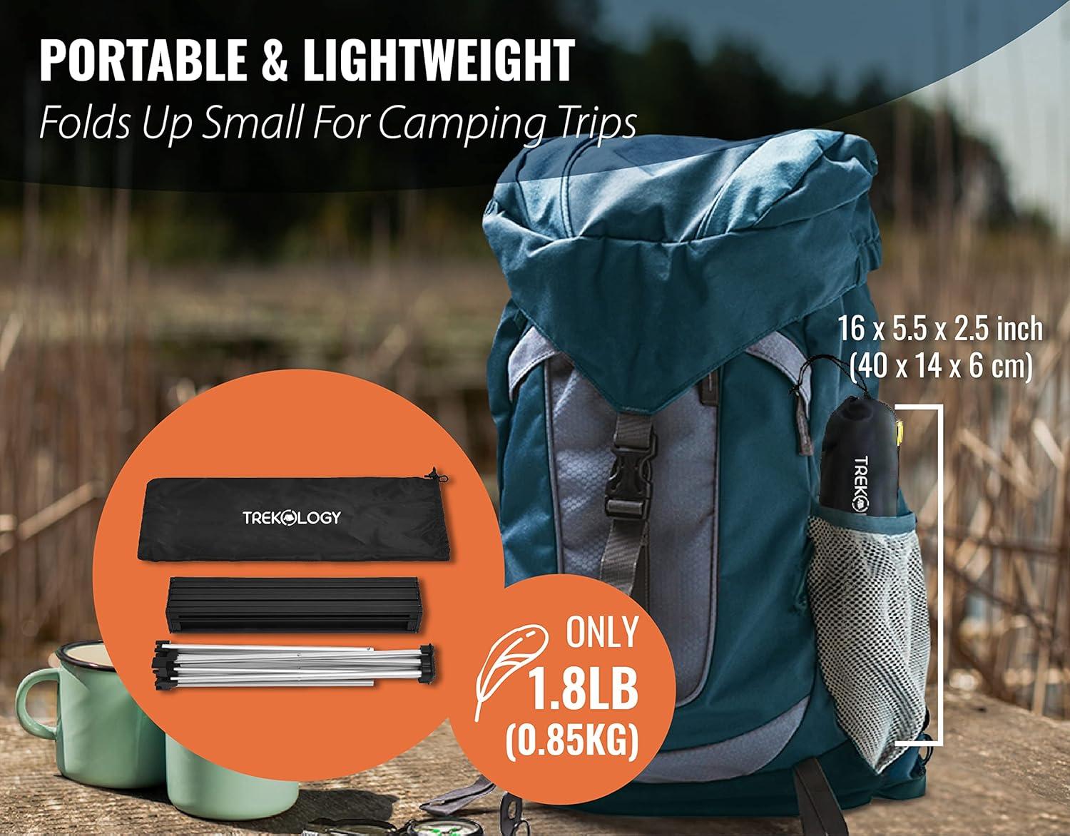Trekology Foldable Aluminum Camping Table with Enforced Robust Hinged Connection.