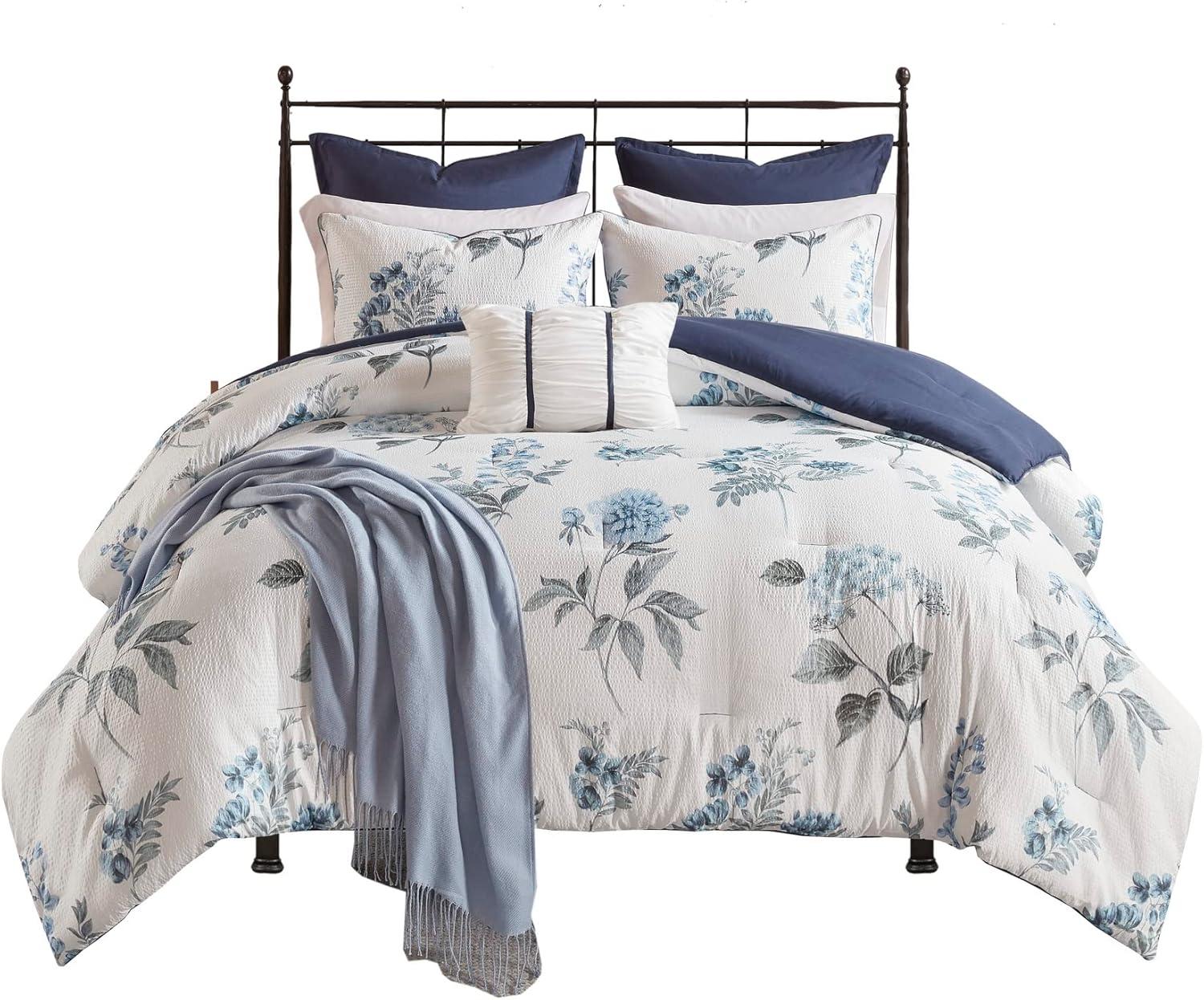 Madison Park Zennia 7 Piece Seersucker Floral Comforter Set with Throw Blanket