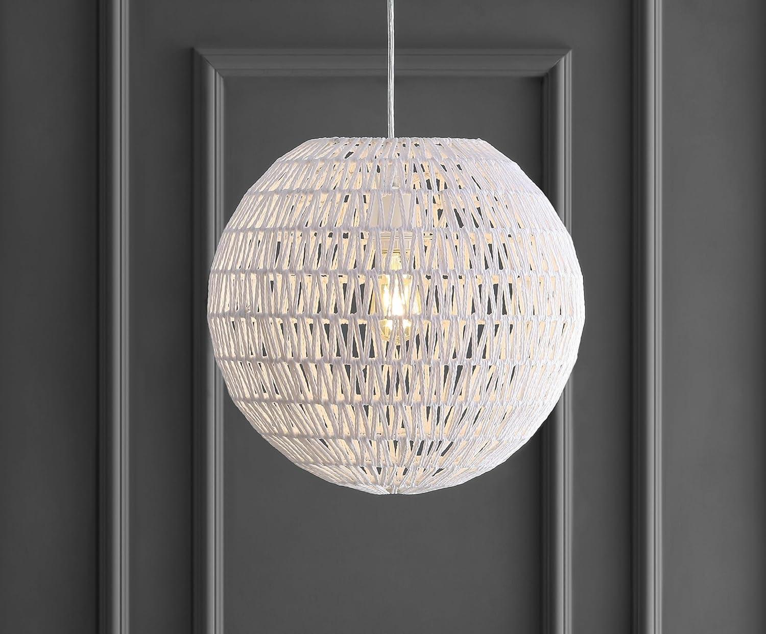 Luna 15.75" 1-Light Bohemian Modern Woven Rattan/Iron LED Pendant, White
