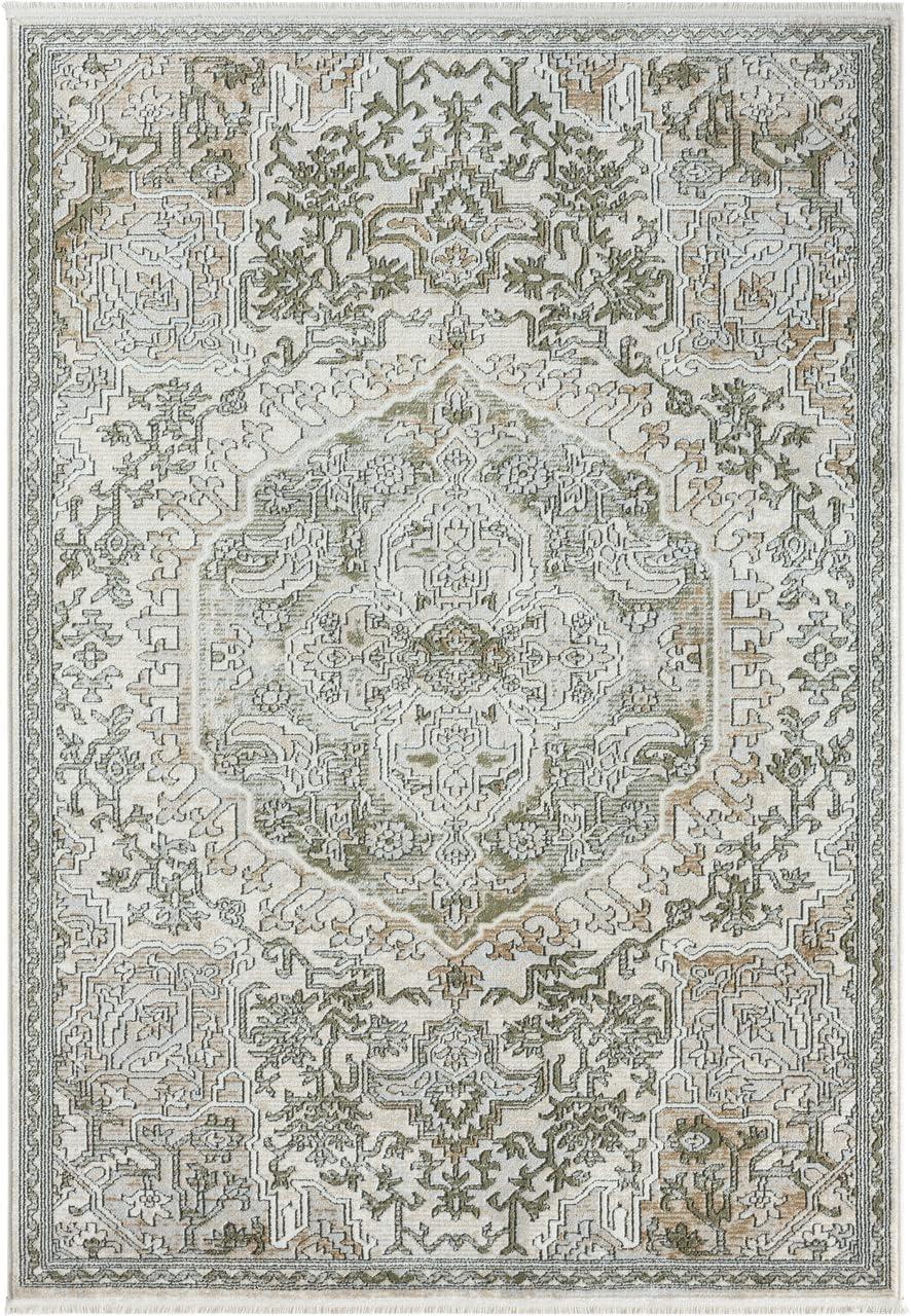 Green and Beige Medallion Synthetic Area Rug for Kids