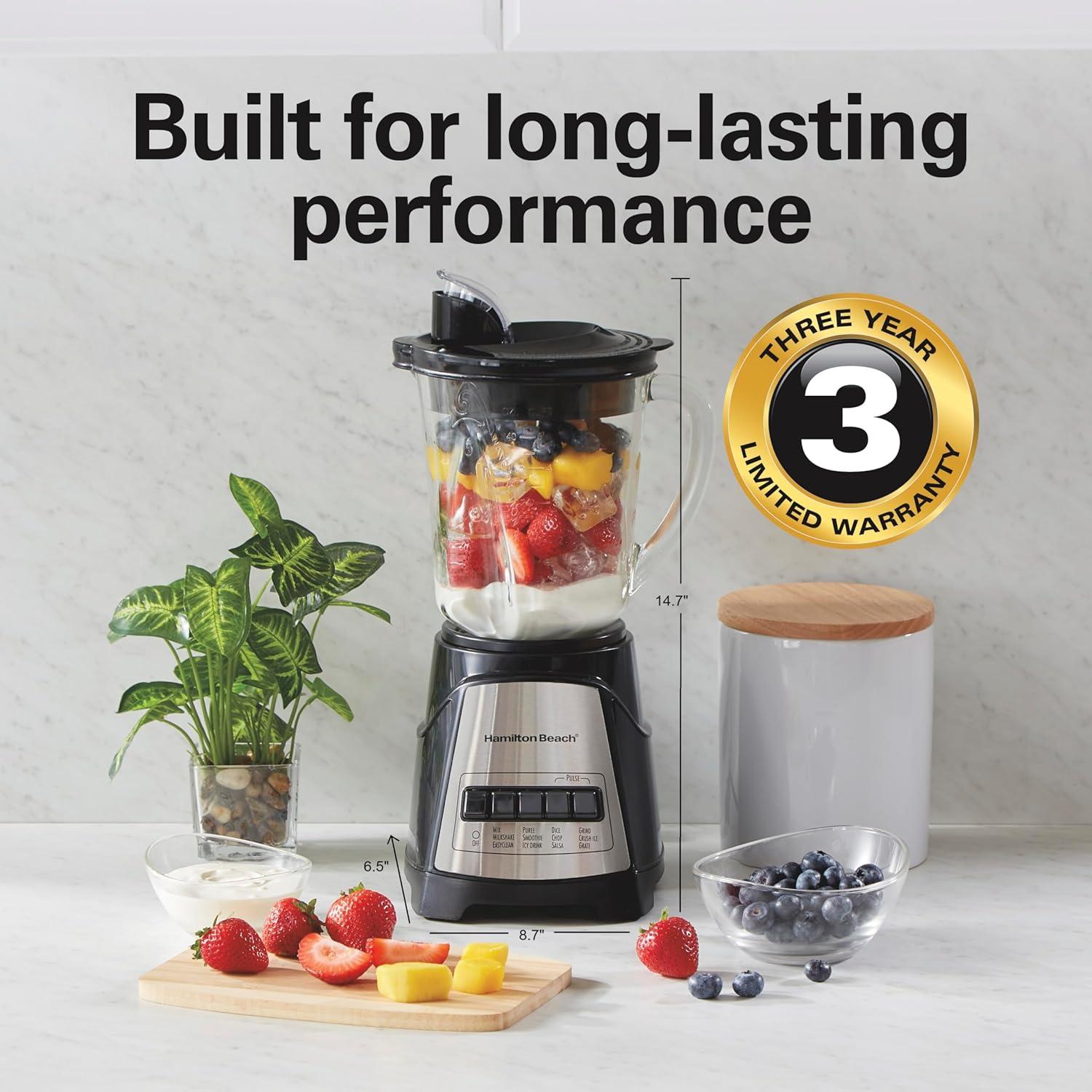 Hamilton Beach Power Elite Multi-Function Blender with Mess Free 40 oz. Glass Jar, 700 Watts, Black, 58148A