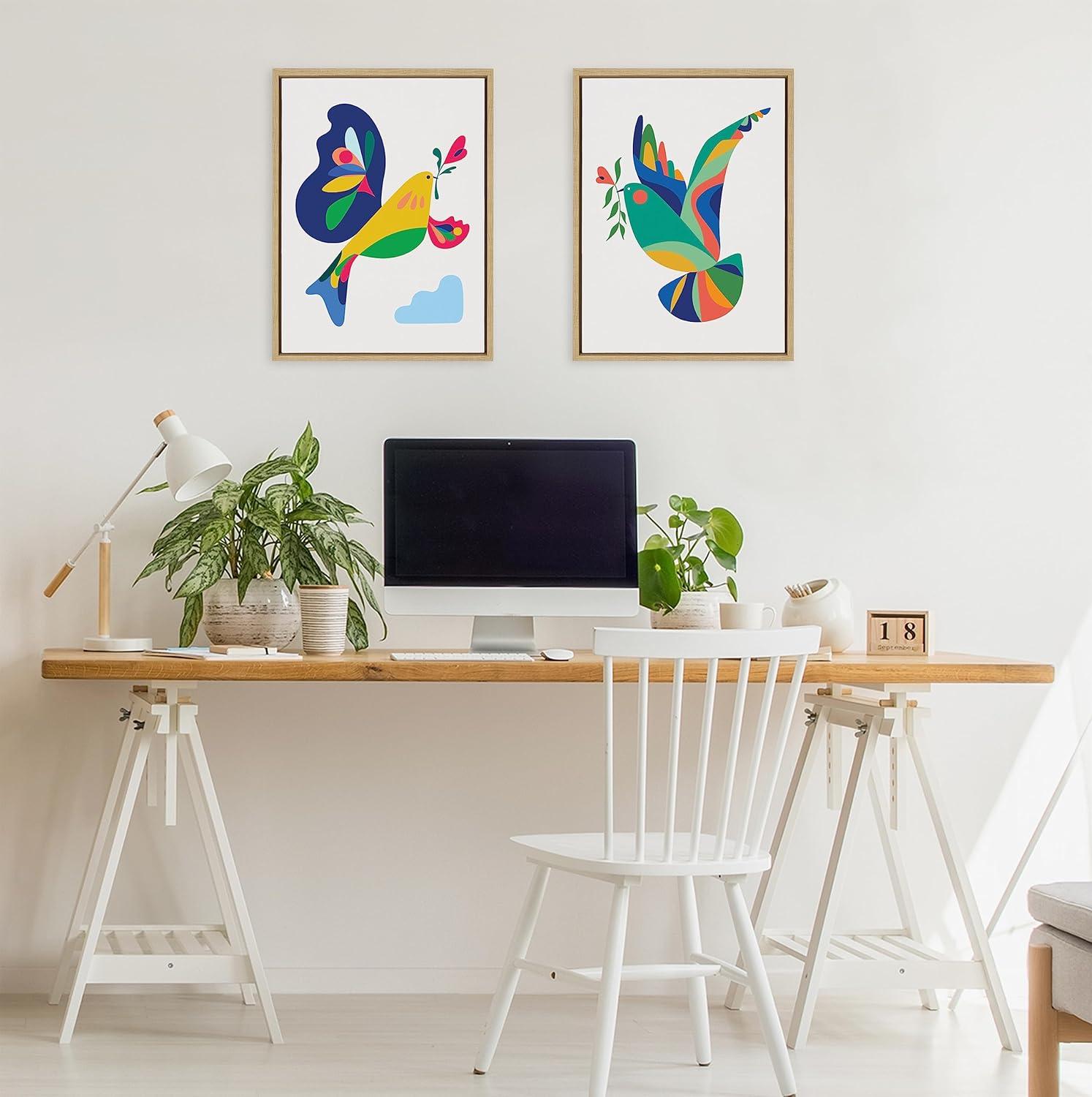 Colorful Geometric Bird Print on Natural Framed Canvas