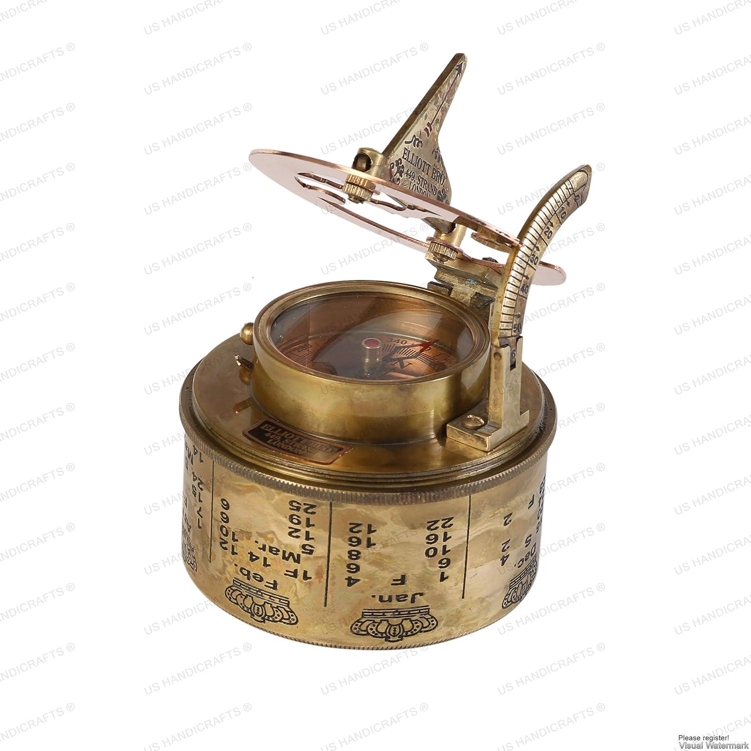 Vintage Brass Sundial Compass with Leather Case | Antique Marine Navigation Instrument & Engraved Calendar | Retro Pocket Compass for Outdoor Adventure, Collectors & Gifts