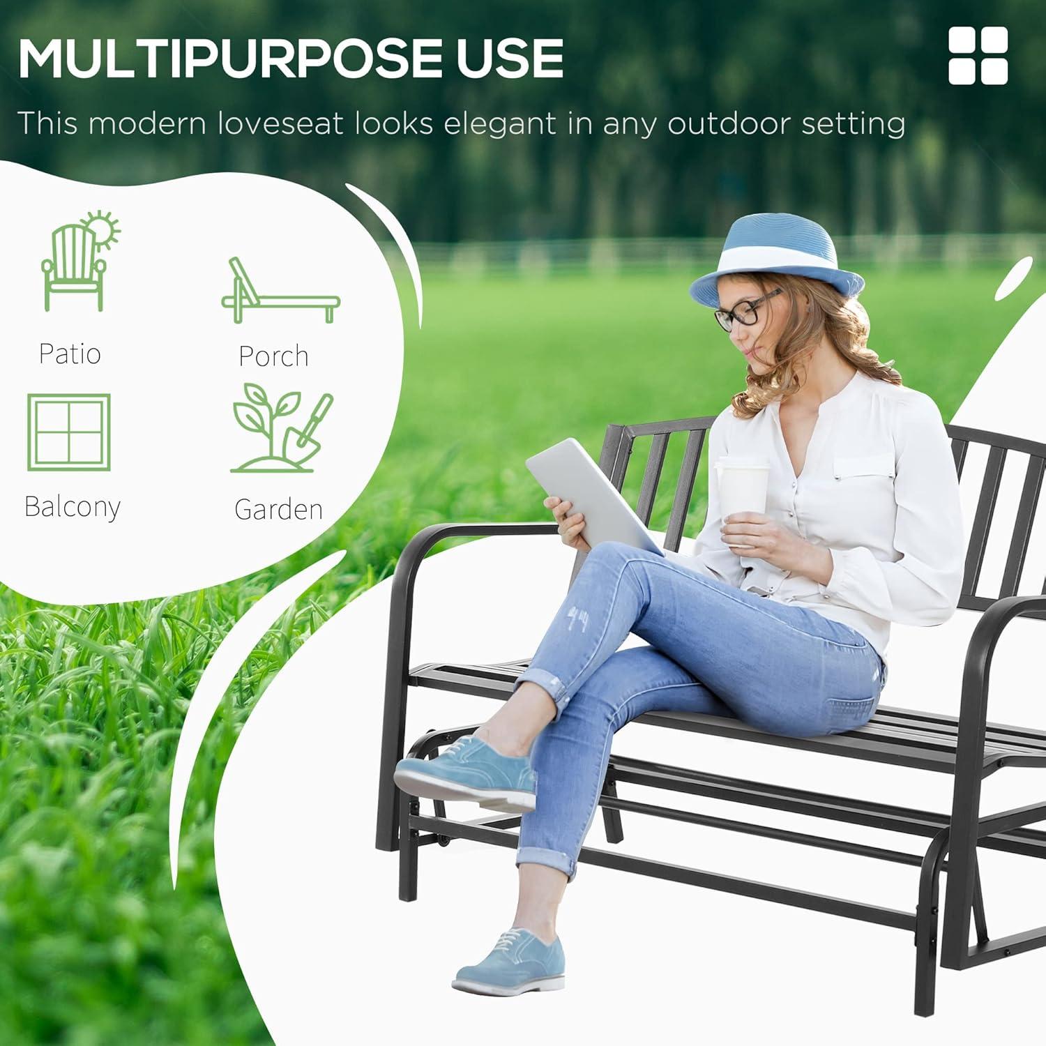 Outsunny Patio Glider Bench Outdoor Swing Rocking Chair Loveseat with Power Coated Steel Frame, Black