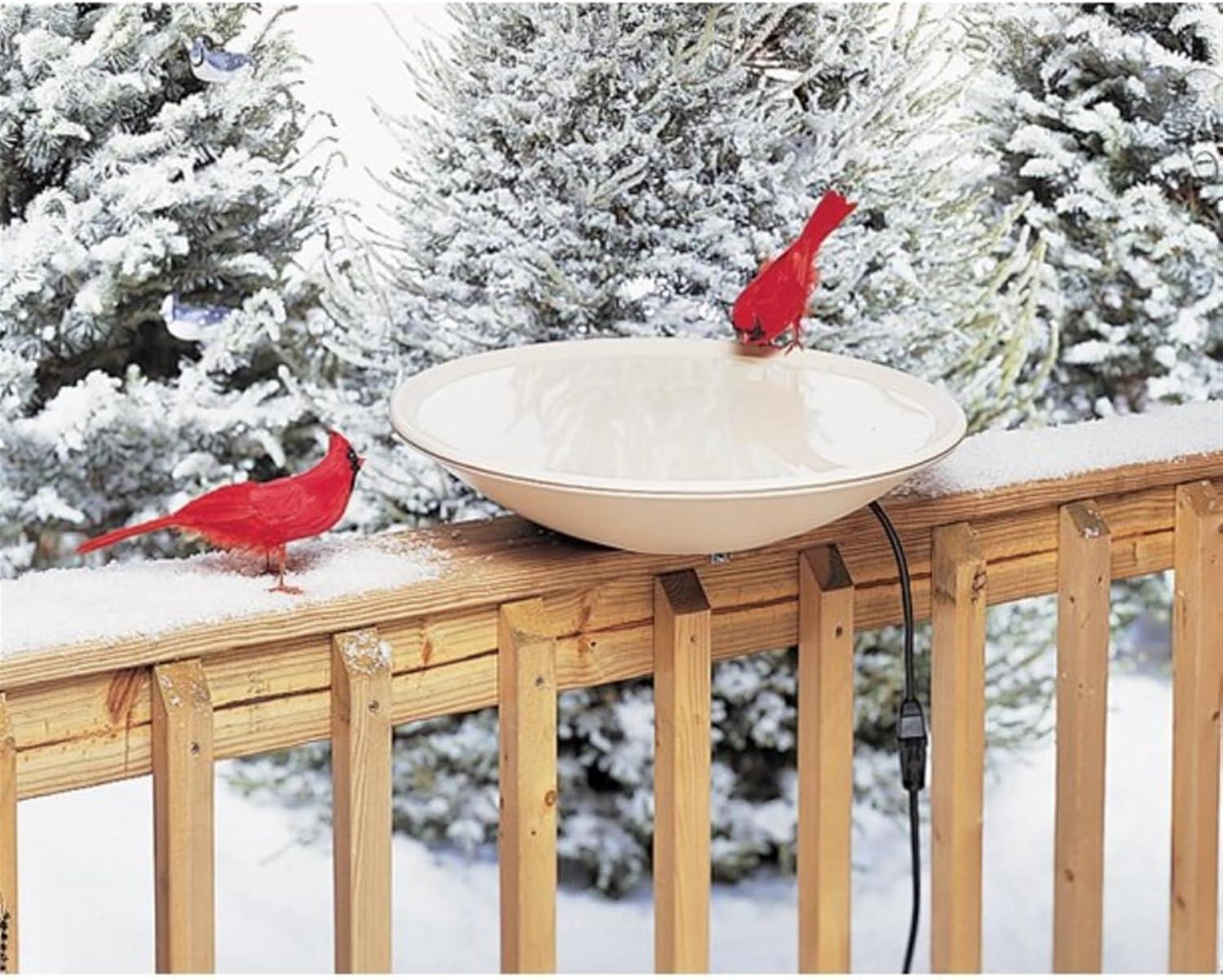 Light Stone Plastic Heated Deck-Mounted Bird Bath