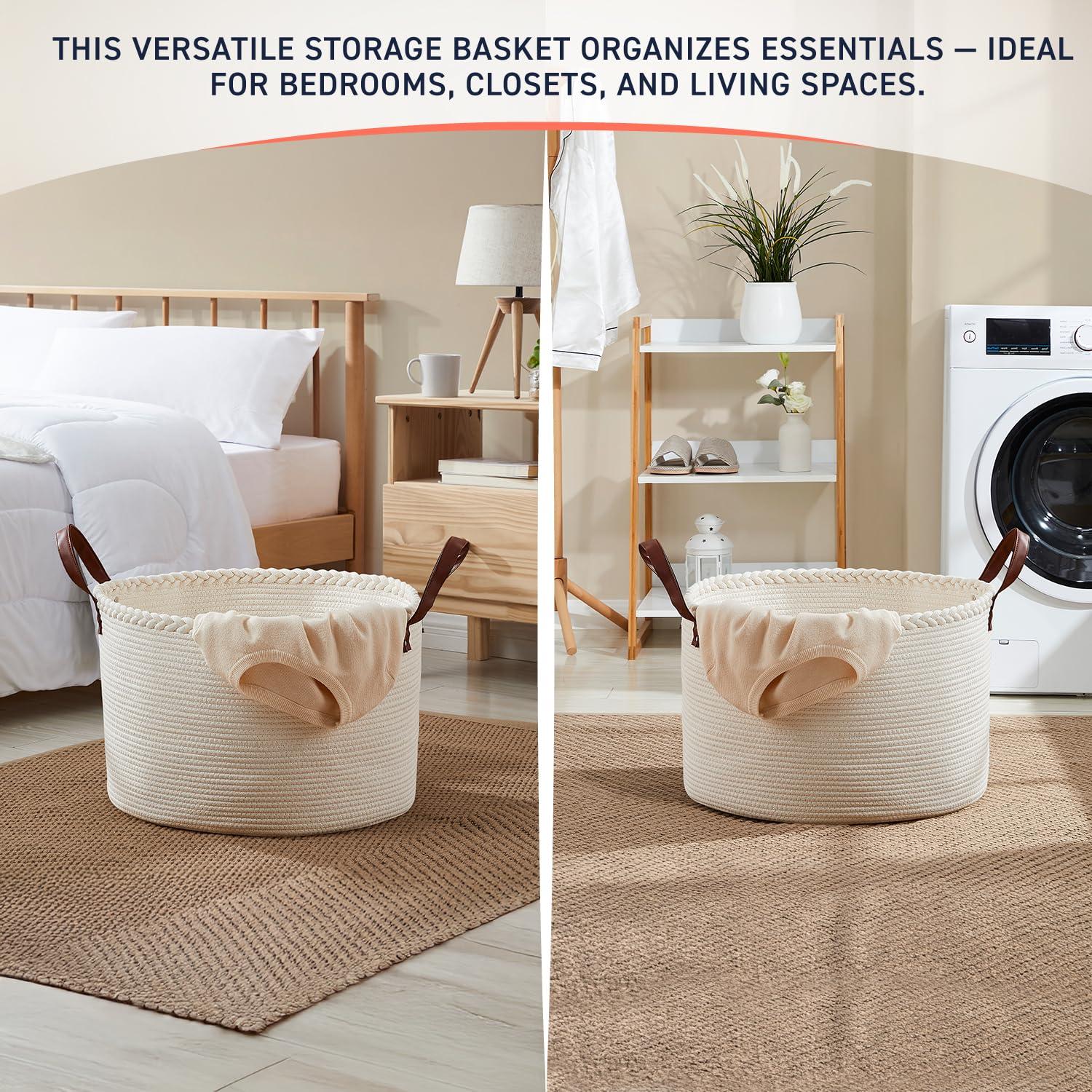 XLarge Round Cotton Rope Storage Basket Bin Organizer Laundry Hamper with Leather Handles, 21 x 21 x 14, Extra Large Blanket Woven Toy Basket for Baby Nursery - Cream