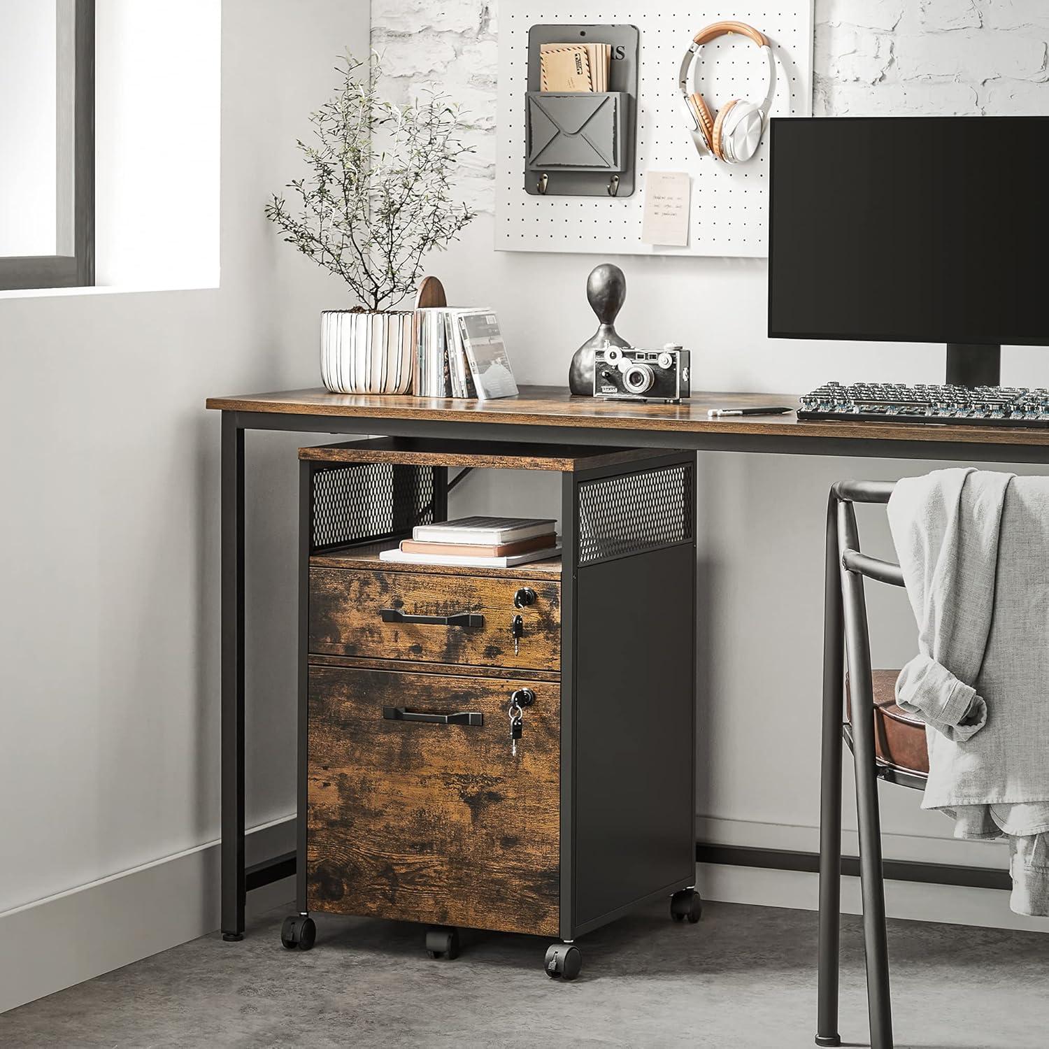 Rustic Brown and Black Mobile Lockable 2-Drawer File Cabinet