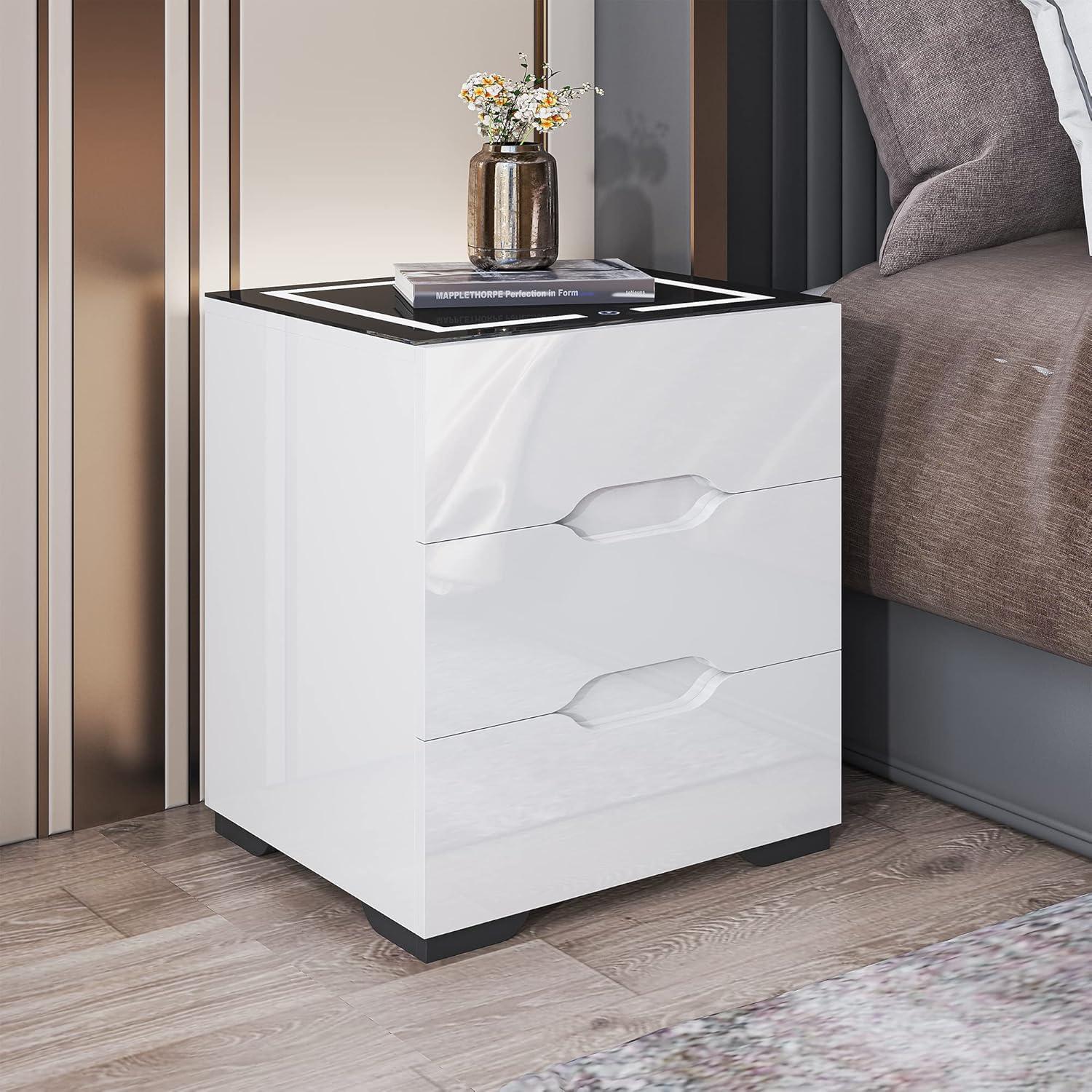 White Nightstand with Wireless Charging Station & Adjustable LED Lights, High Gloss End Table with 3 Drawers & USB Charging, Bedside Table Organizer for Bedroom Use