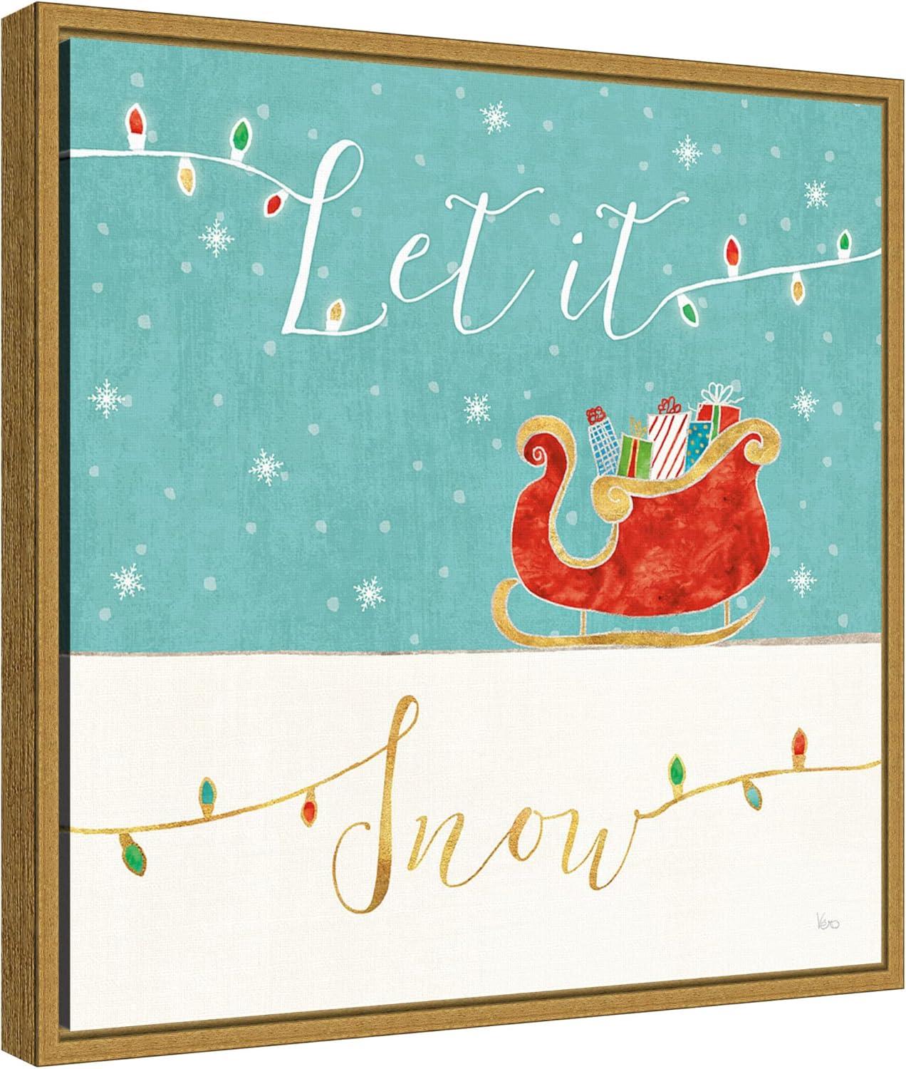 Let It Snow Christmas Sleigh Framed Canvas Print with Gold Frame