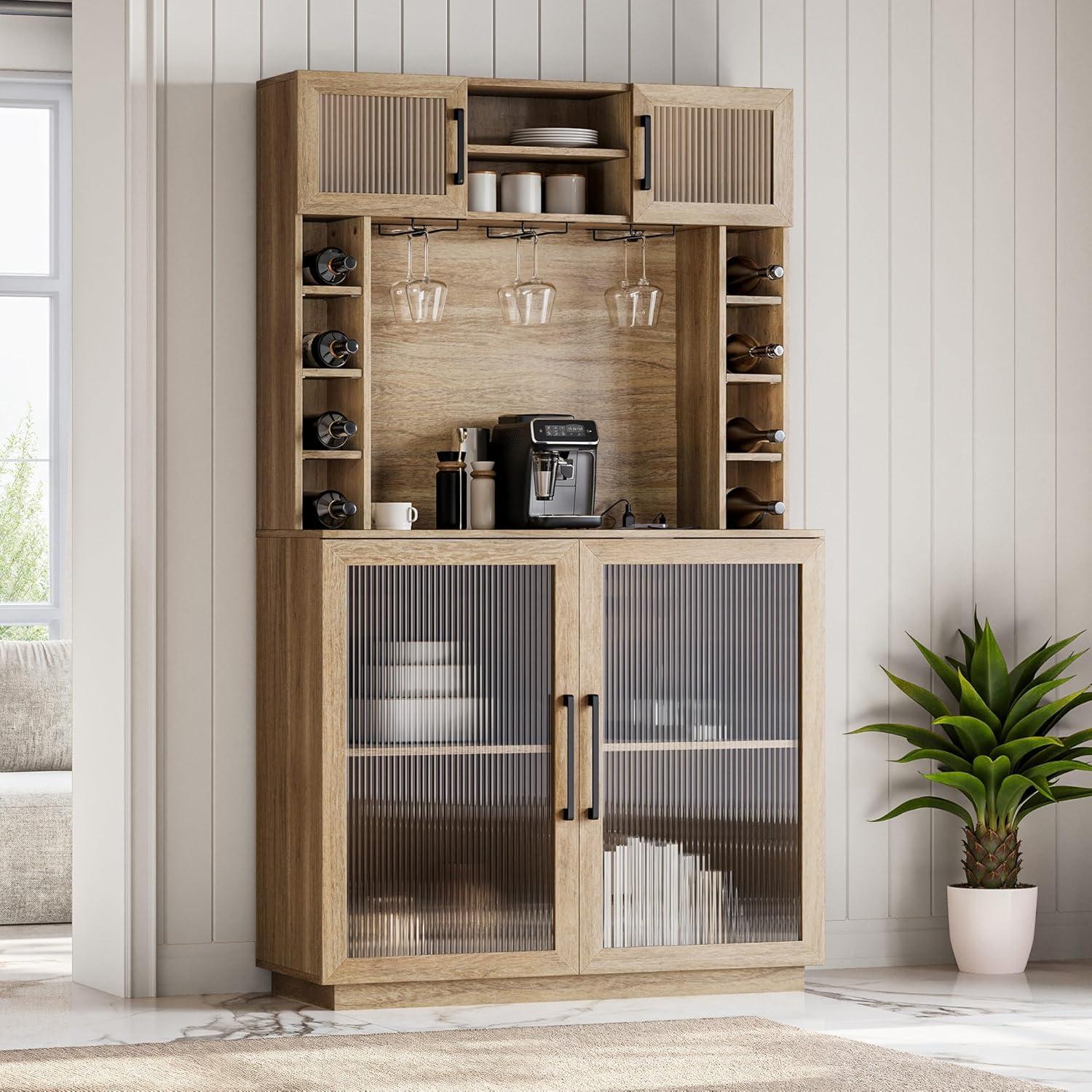 Camel Tall Rustic Wood Wine Bar Cabinet with Hutch and Glass Doors